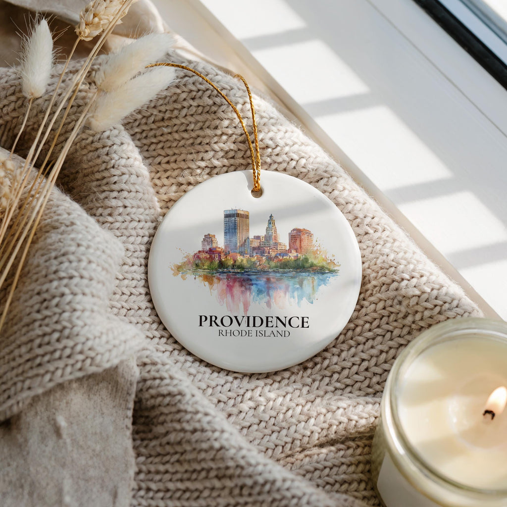 Providence Rhode Island Personalized Watercolor Ornament, Custom Ceramic Christmas gift, Travel Keepsake