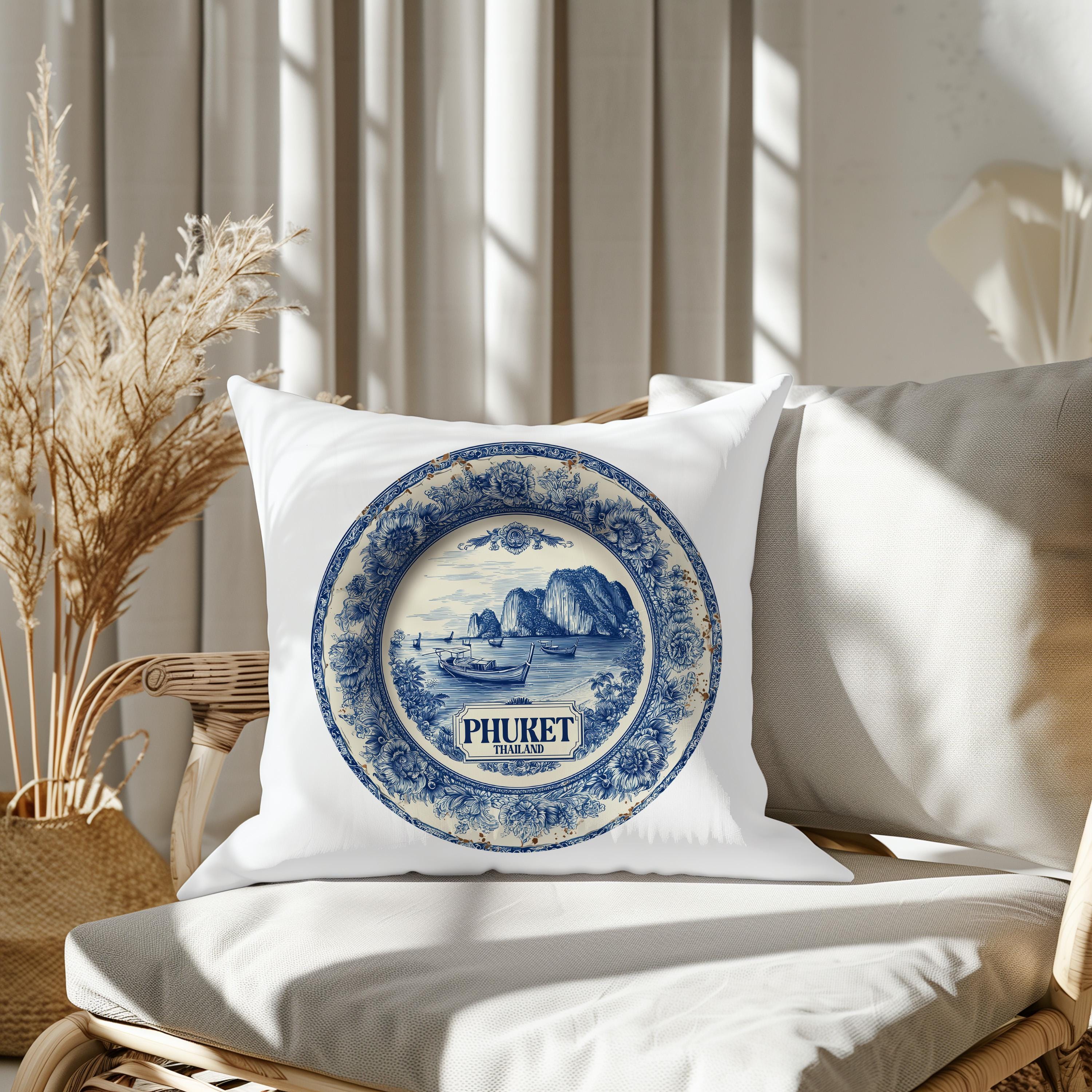 Phuket Thailand Pillowcase, Delft Style Decorative Throw Pillow, Vintage Cityscape Retro Home Decor