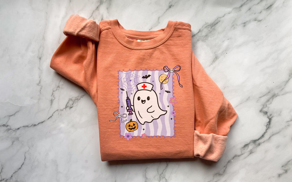 Cute Ghost Halloween Nurse Sweatshirt, Spooky RN Fall Top, Funny Cozy Autumn Pullover, Cute Retro Gift for Nurse