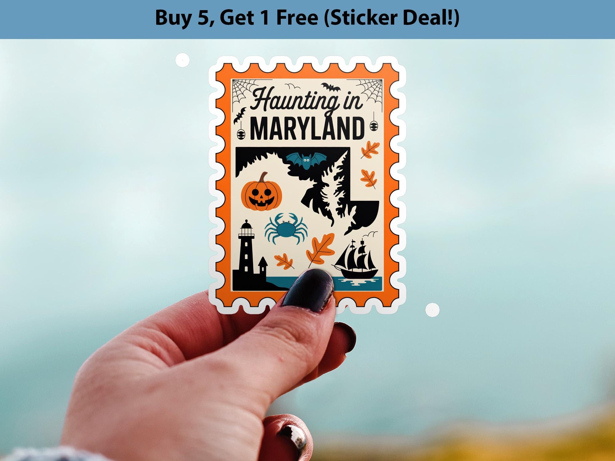 Maryland Stamp Halloween Sticker, Spooky USA Kiss-Cut Vinyl, Waterproof Decal, United States Travel