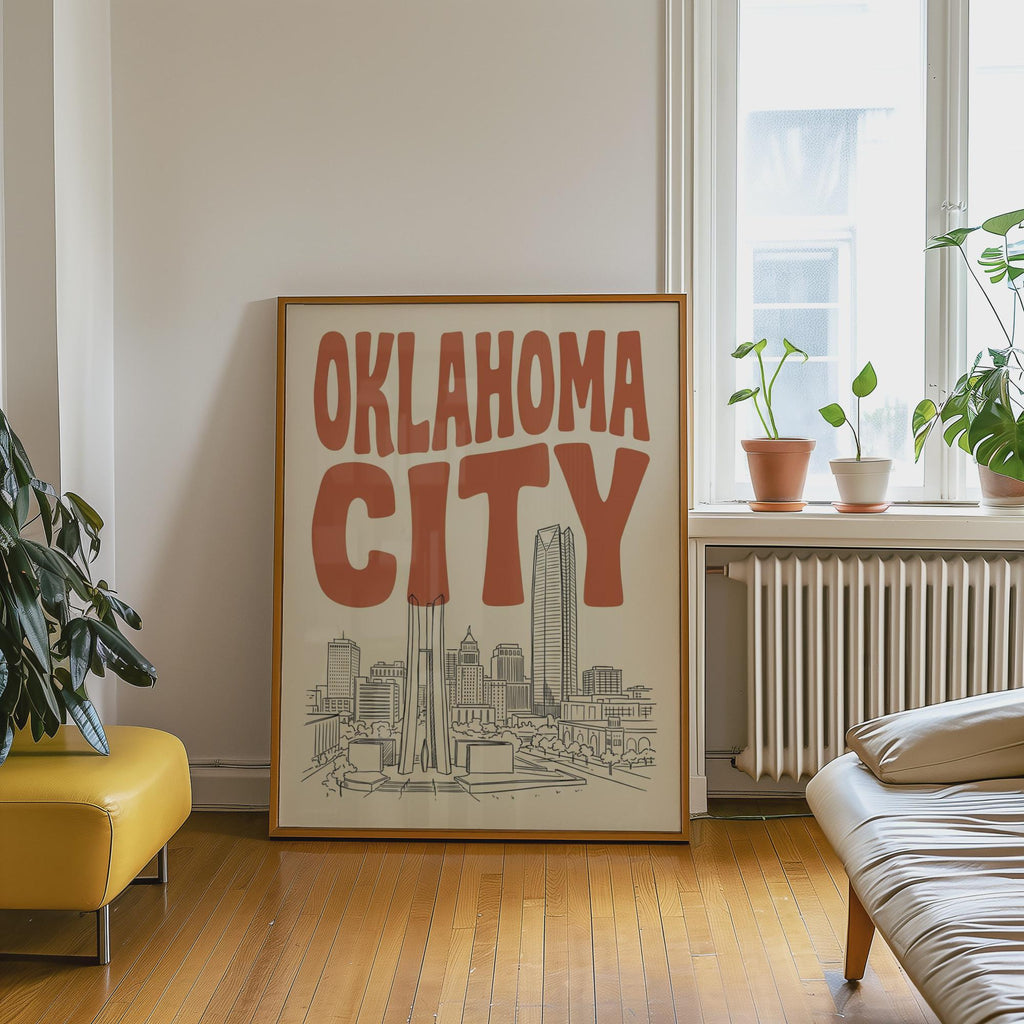 Oklahoma City Skyline Wall Art, Framed Canvas Print, Retro Home Decor