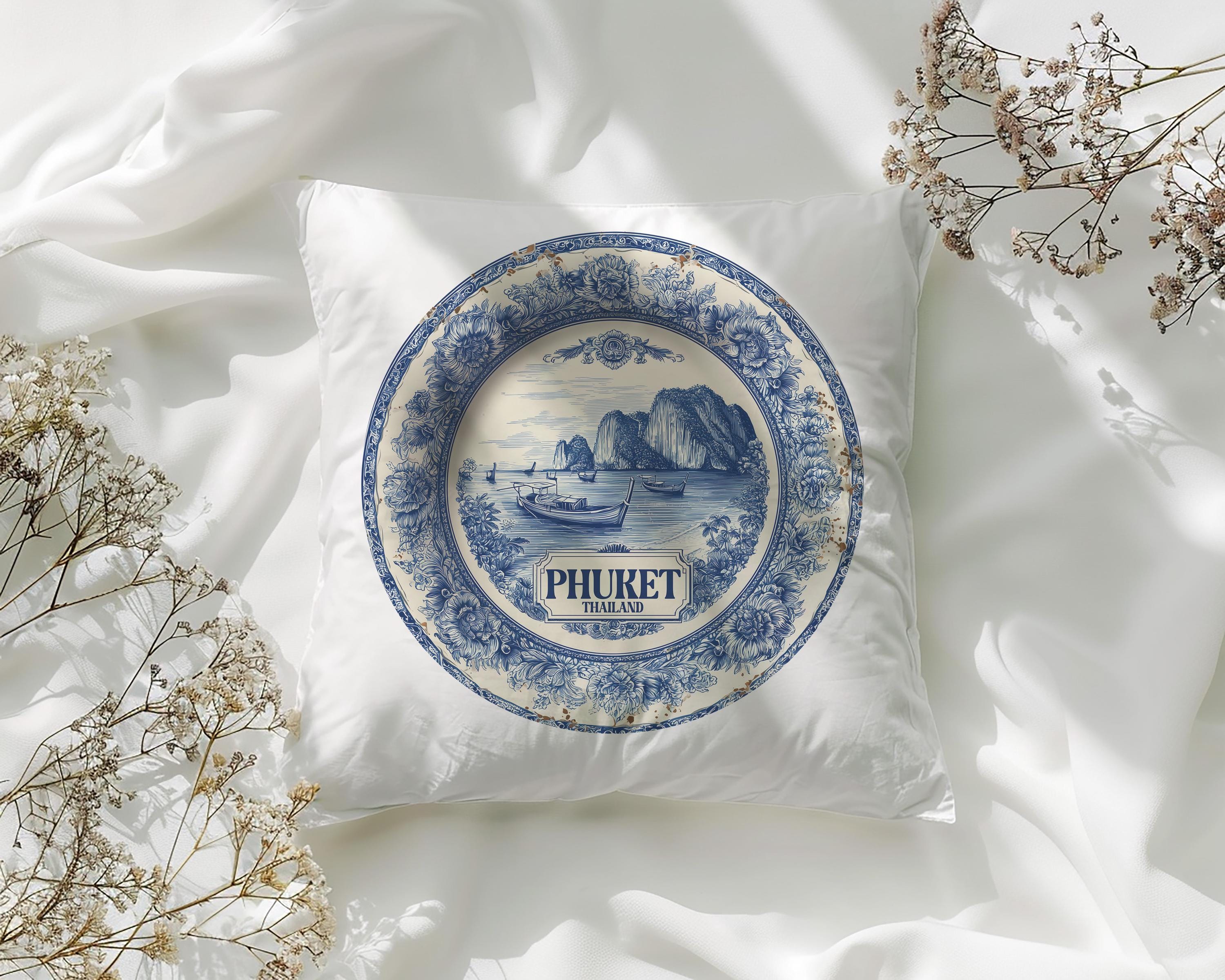 Phuket Thailand Pillowcase, Delft Style Decorative Throw Pillow, Vintage Cityscape Retro Home Decor