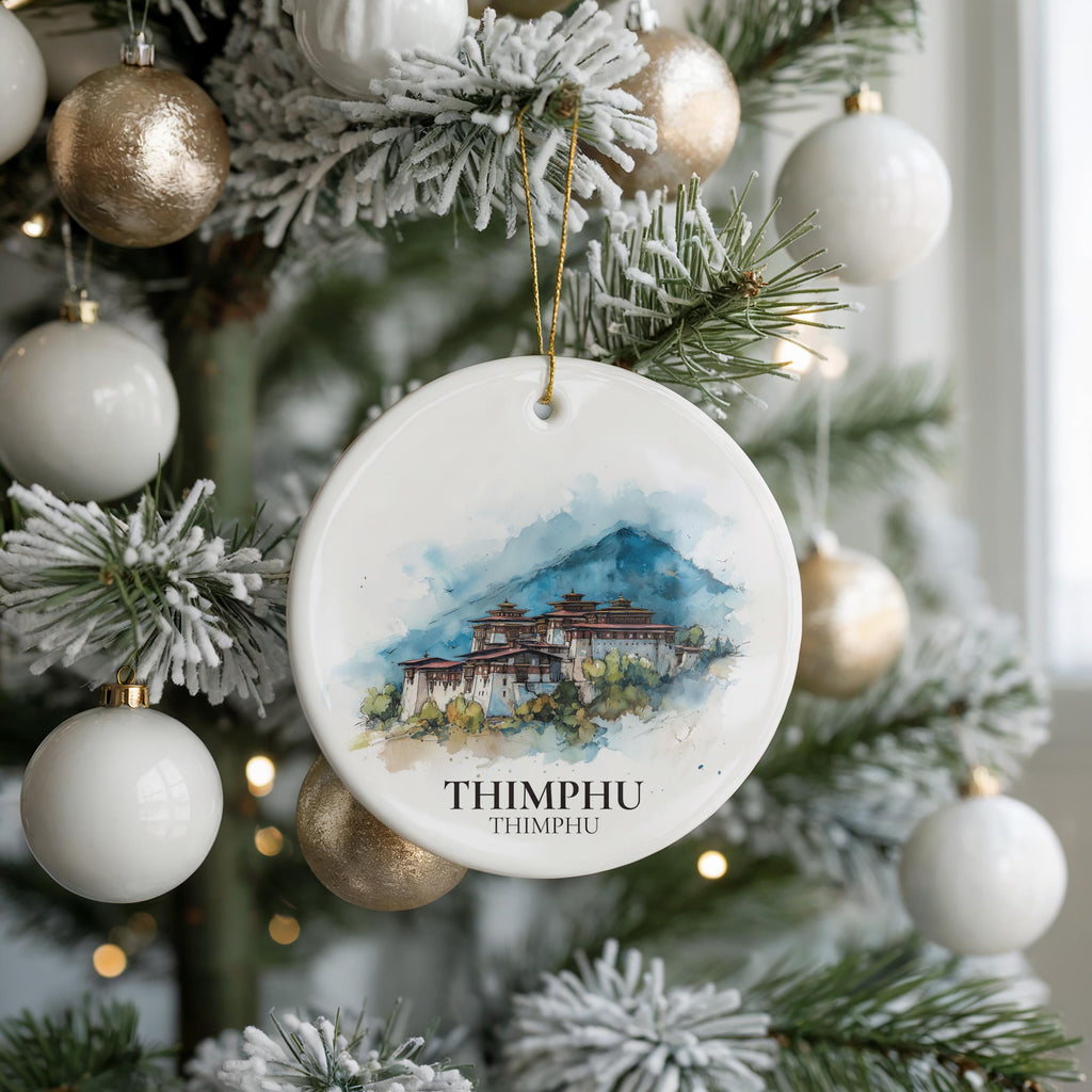 Thimphu Bhutan Personalized Watercolor Ornament, Custom Ceramic Christmas gift, Travel Keepsake