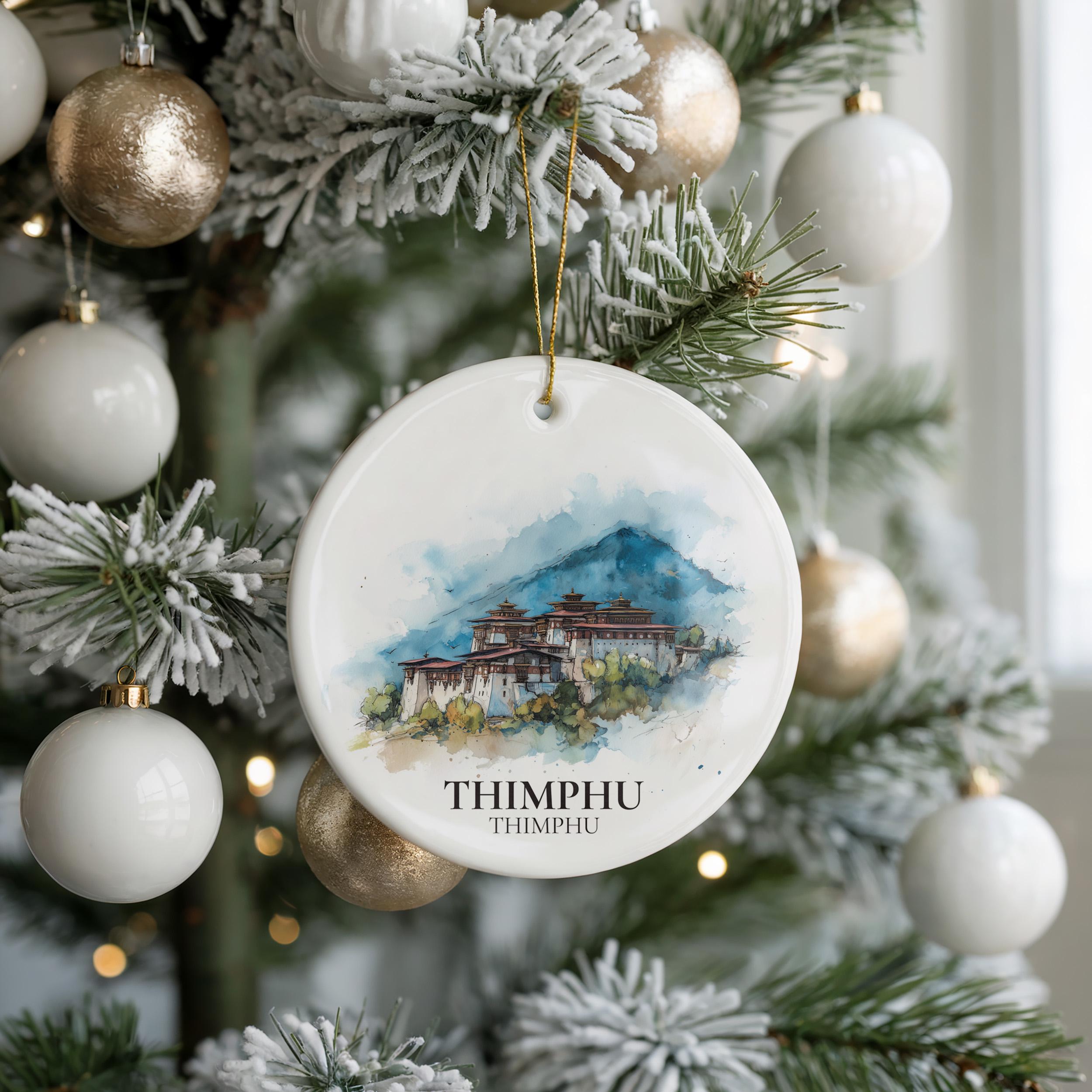 Thimphu Bhutan Personalized Watercolor Ornament, Custom Ceramic Christmas gift, Travel Keepsake