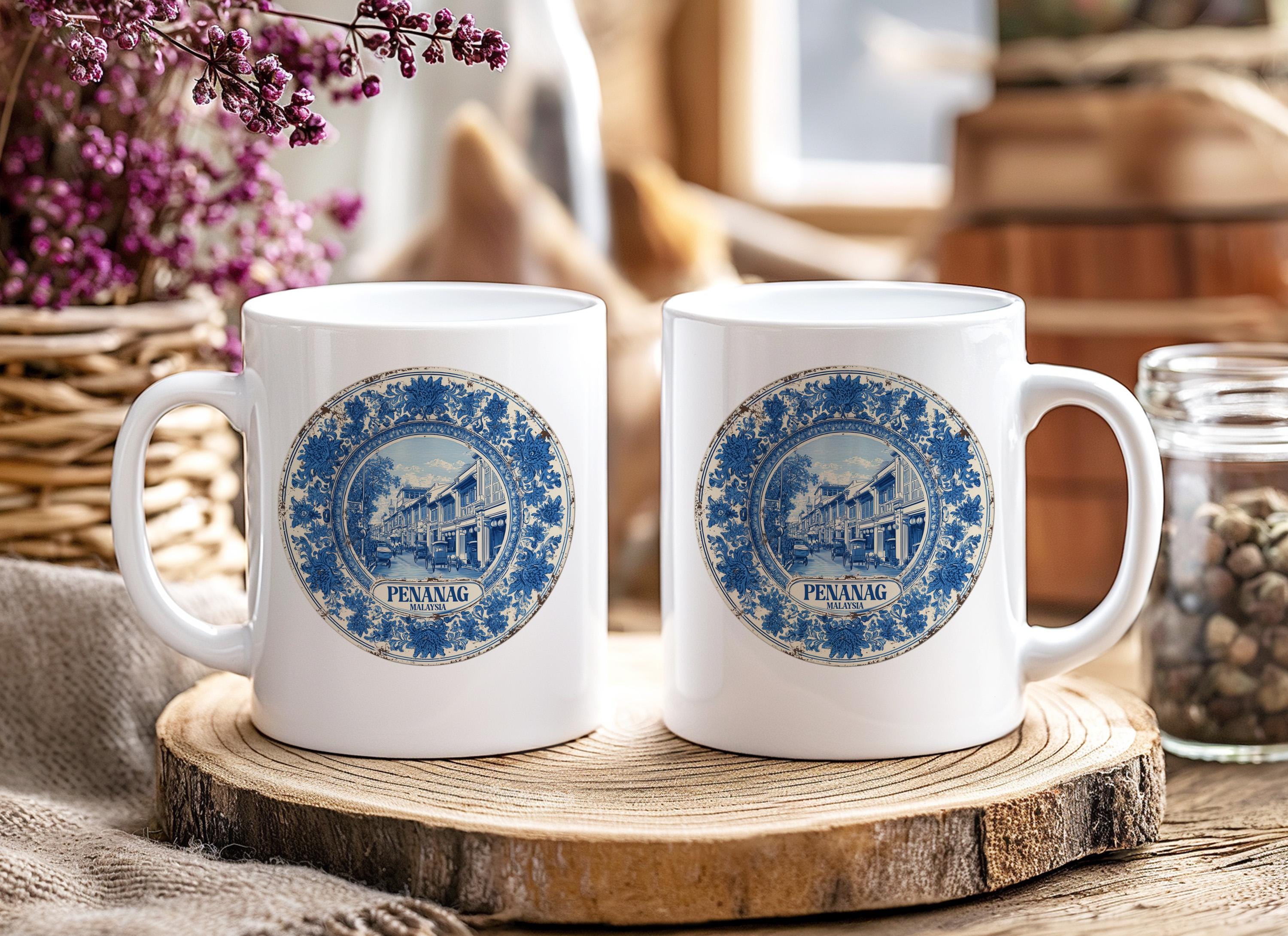 Penang Malaysia Mug, Custom Delft Style cup, Personalized Vintage Travel City Gift