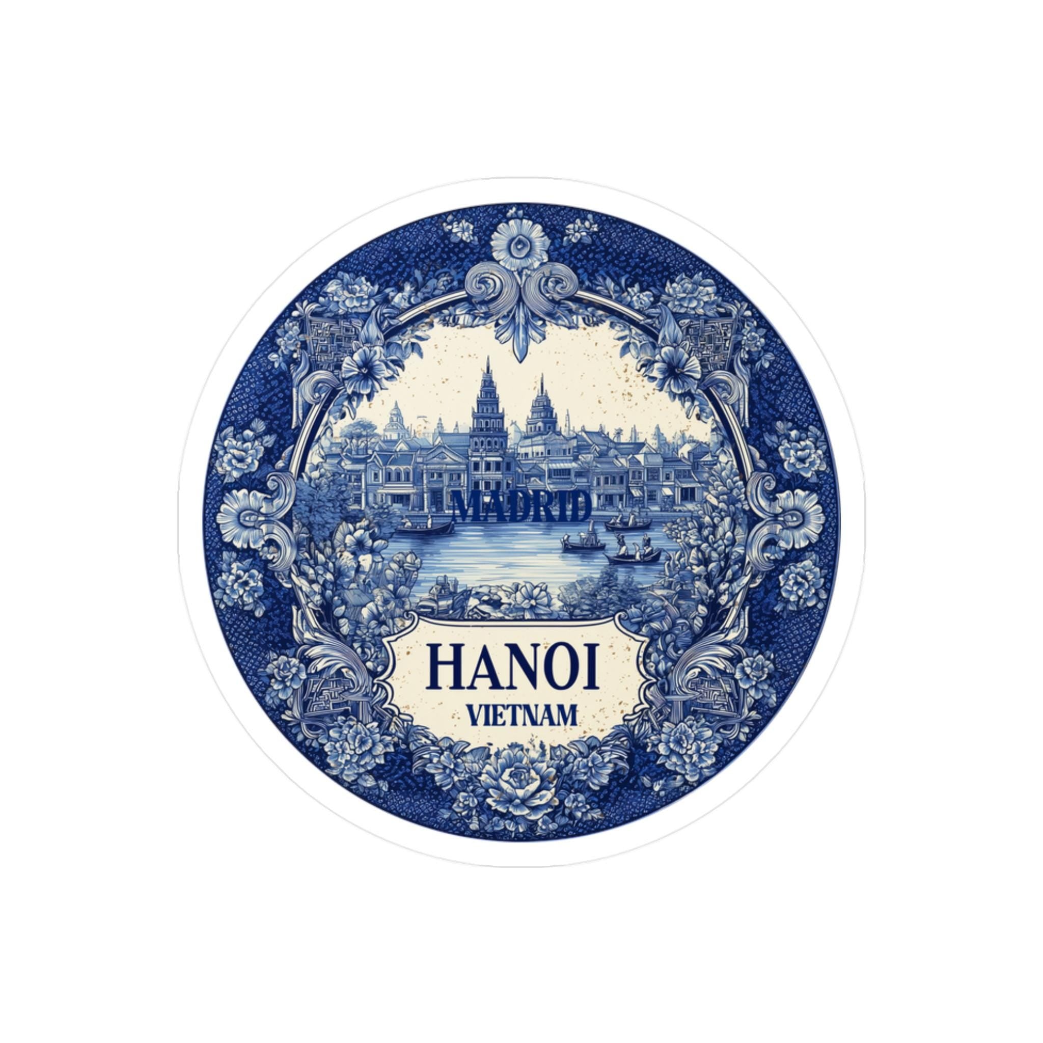 Hanoi Vietnam Sticker Vintage Delft style, Delftware Decal Waterproof Vinyl, Blue City Travel