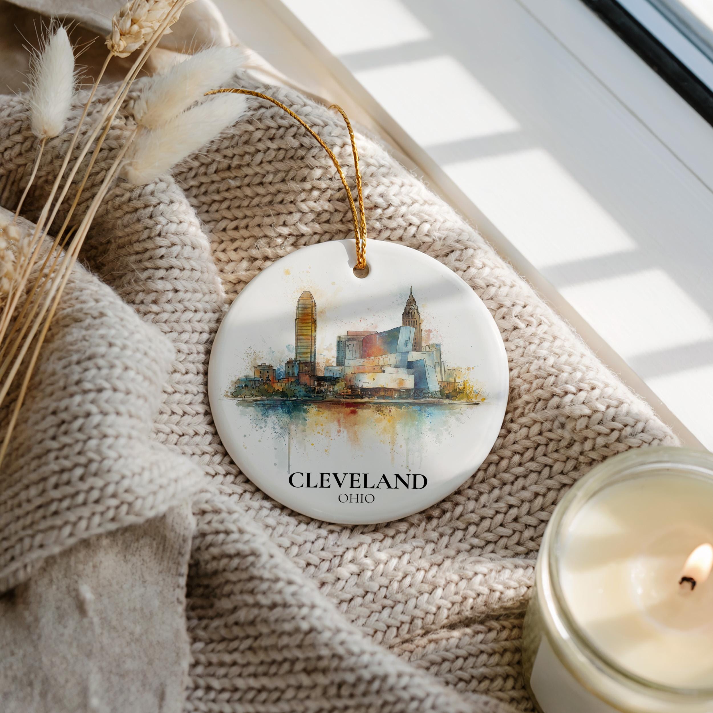 Cleveland Personalized Watercolor Ornament, Ohio Custom Ceramic Christmas gift, Travel Keepsake