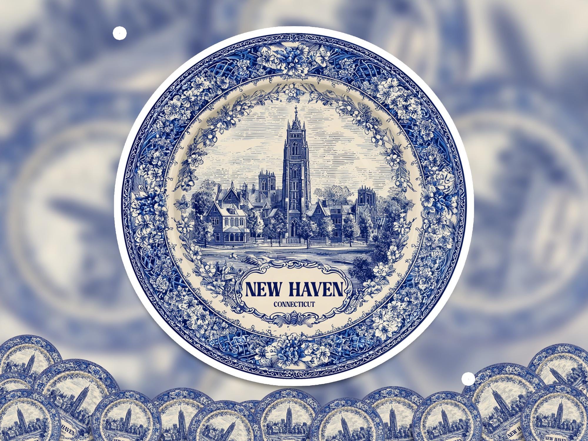 New Haven Connecticut Sticker Vintage Delft style, Delftware Decal Waterproof Vinyl, Blue City Travel