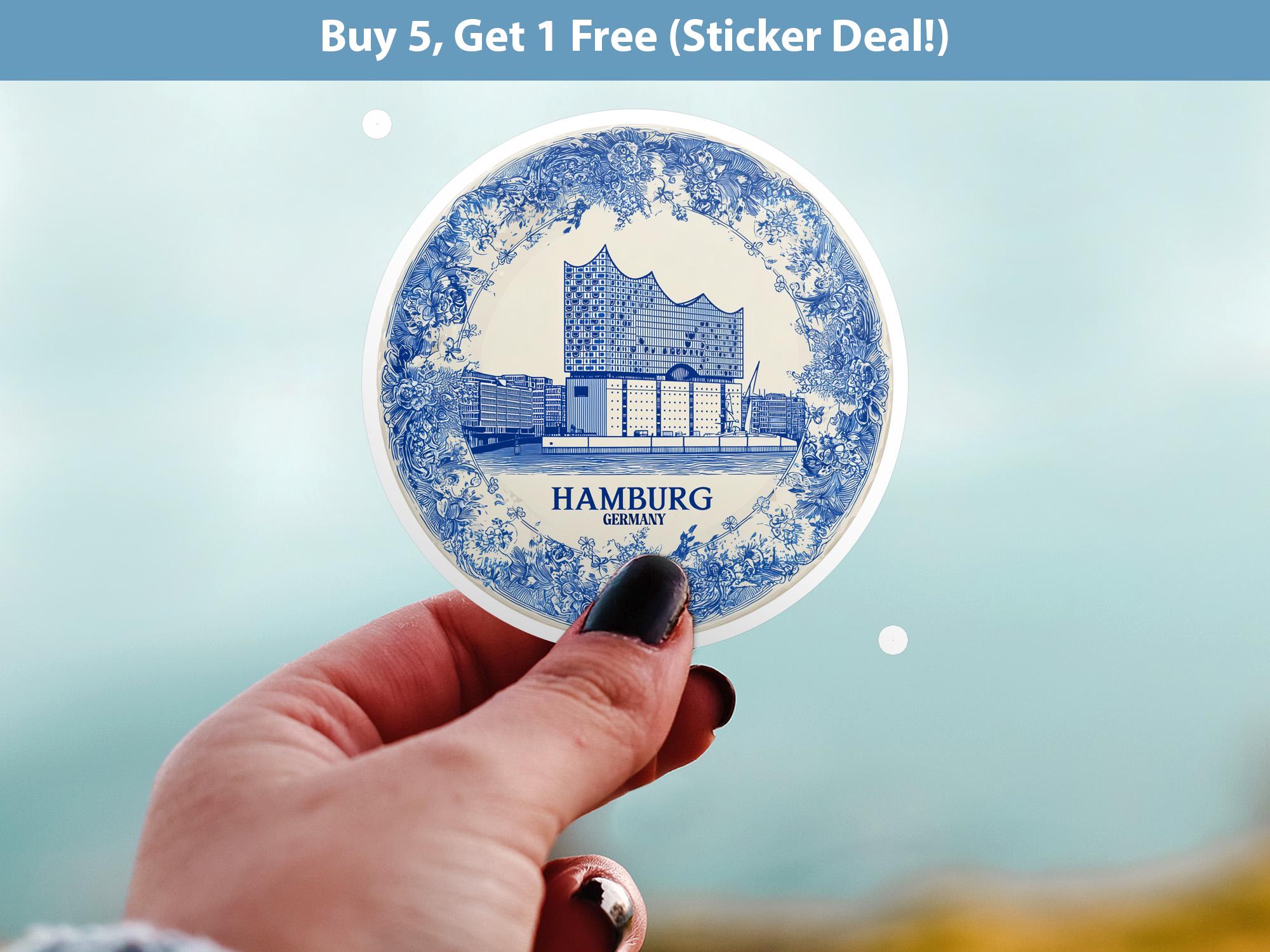 Hamburg Germany Sticker Vintage Delft style, Delftware Decal Waterproof Vinyl, Blue City Travel