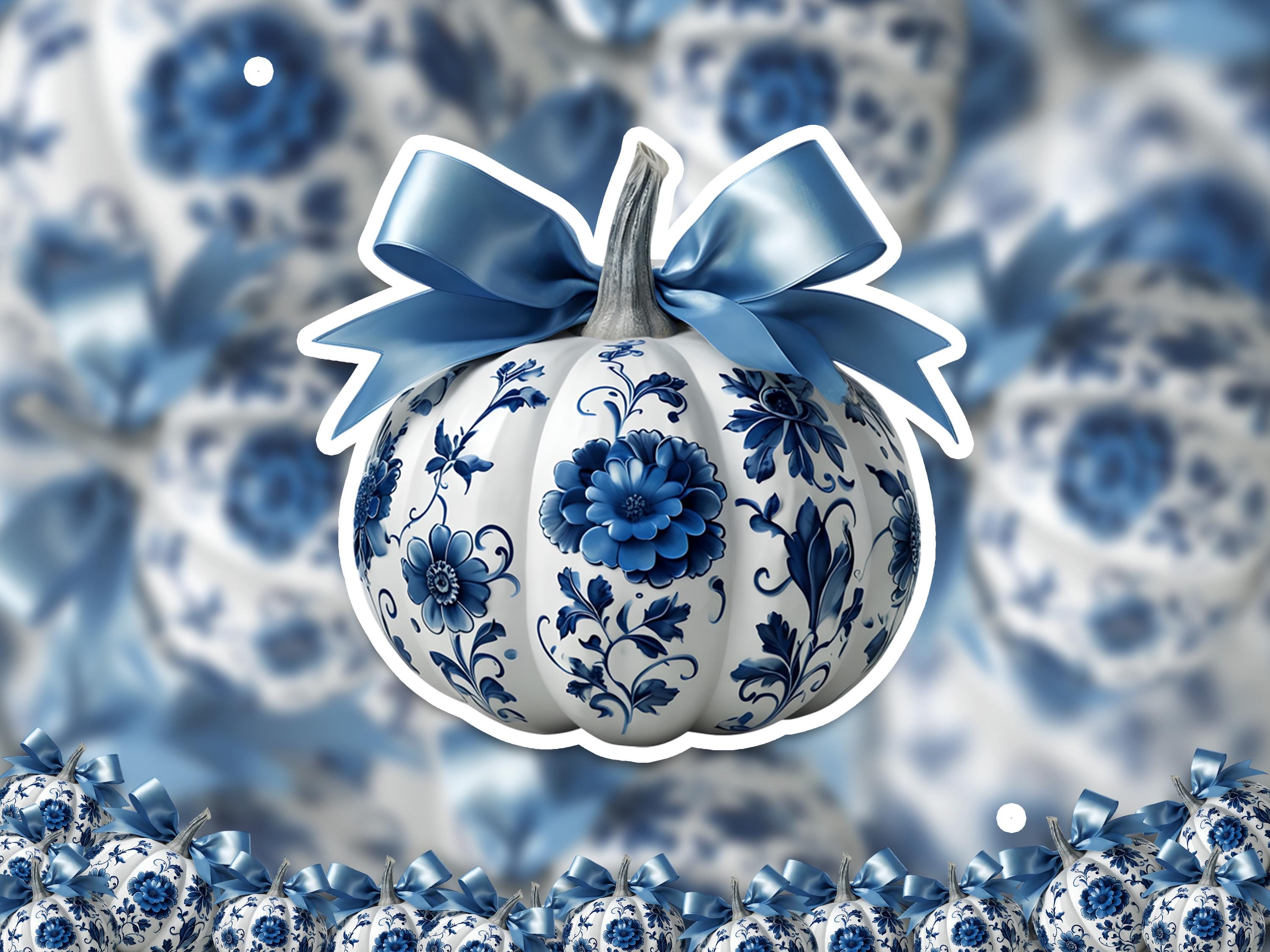 Delftware Pumpkin Sticker: Blue & White Vintage Halloween Decal