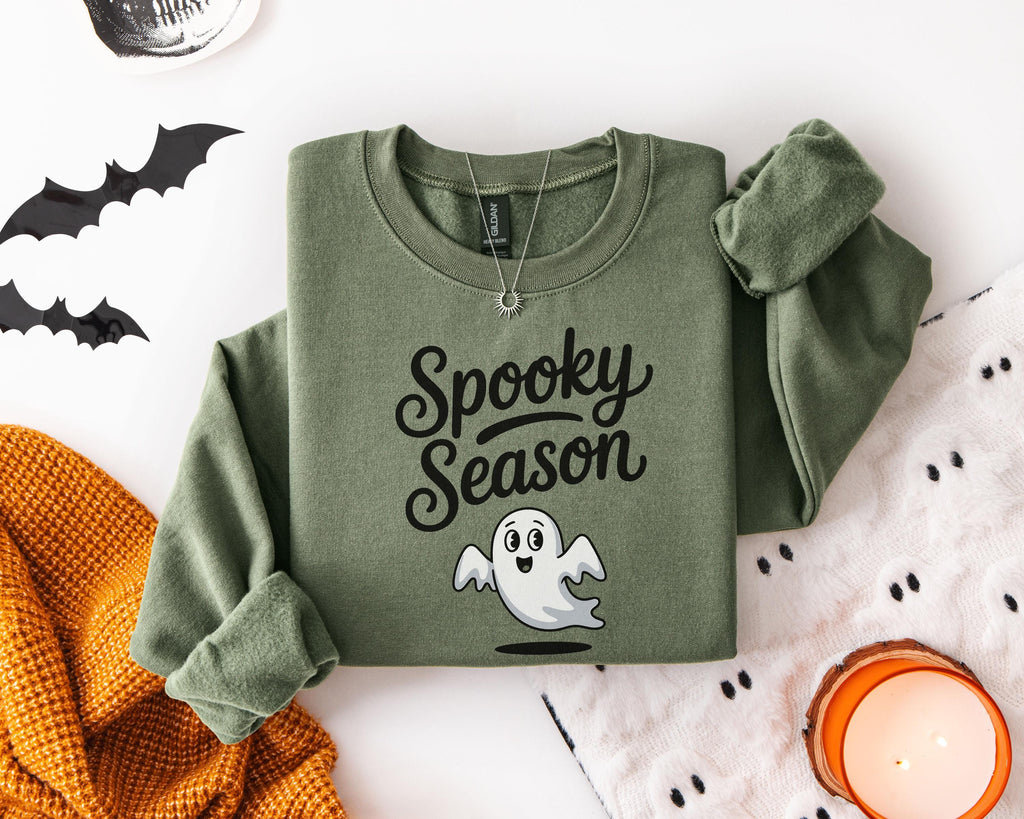 Spooky Season Sweatshirt with Cute Ghost, Minimal Halloween Shirt, Funny Fall Aesthetic, Halloween Gift, Cozy October Vibes