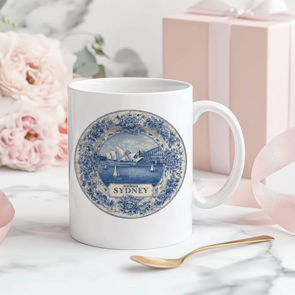 Sydney Australia Mug, Custom Delft Style cup, Personalized Vintage Travel City Gift