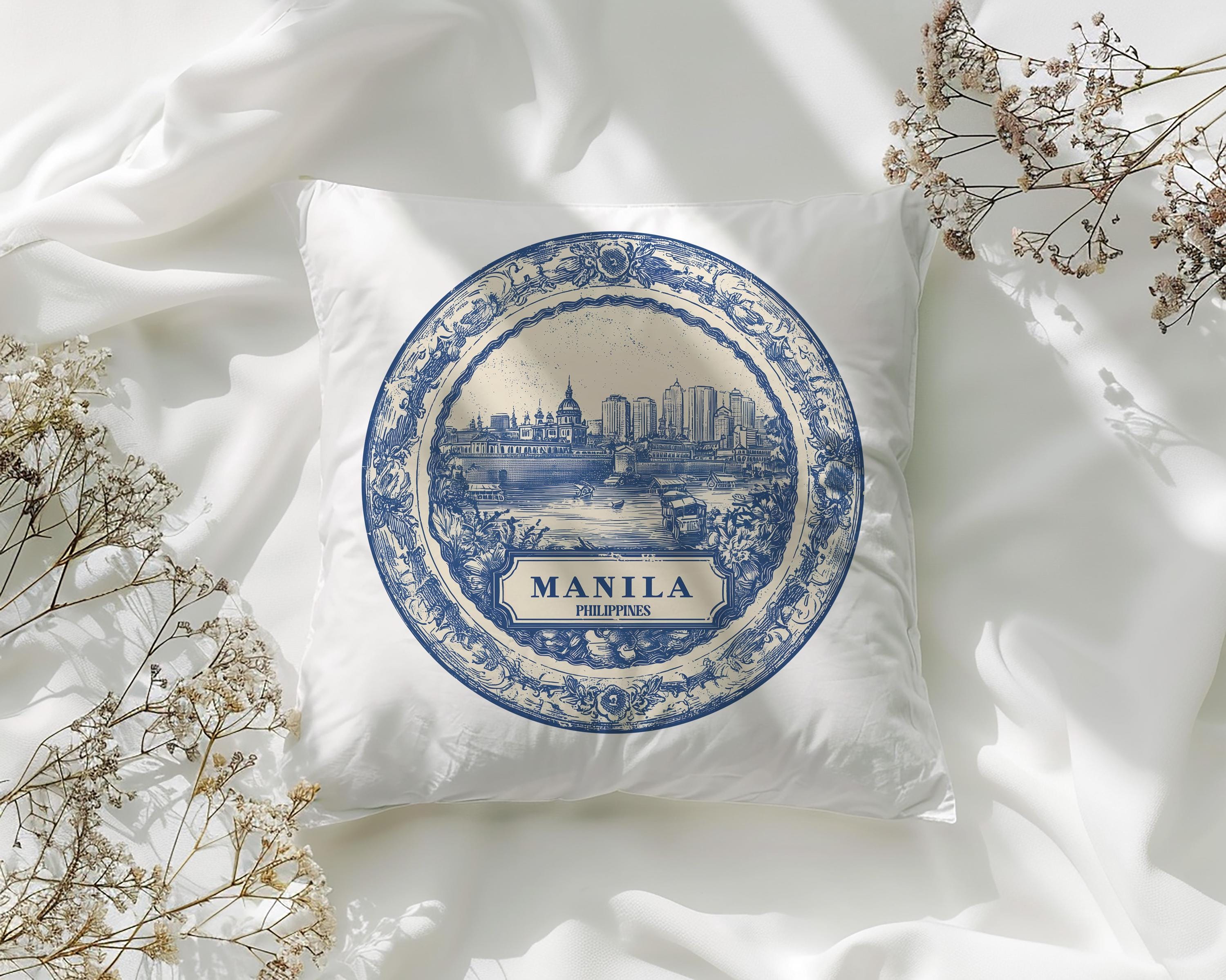 Manila Philippines Pillowcase, Delft Style Decorative Throw Pillow, Vintage Cityscape Retro Home Decor