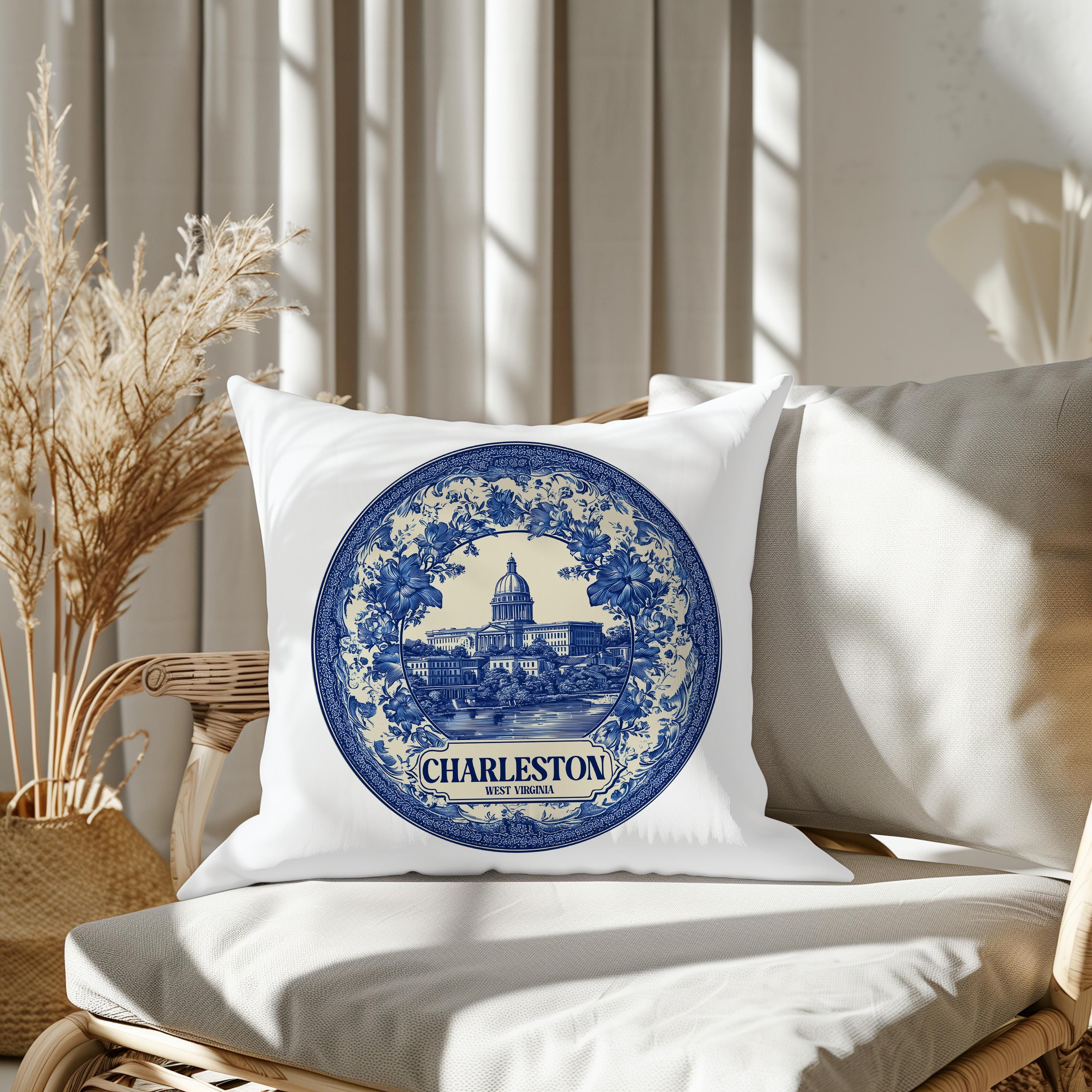 Charleston West Virginia Pillowcase, Delft Style Decorative Throw Pillow, Vintage Cityscape Retro Home Decor