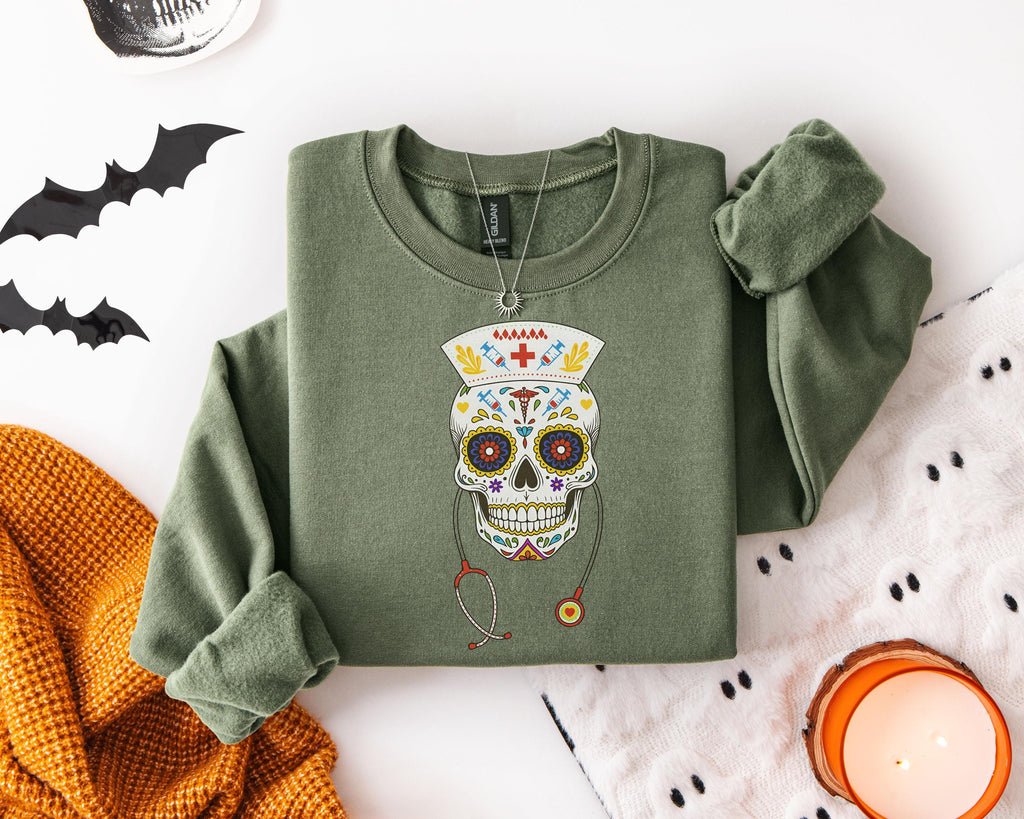 Skull Nurse Sweatshirt, Halloween Sweater, Day of the Dead Nurse, Spooky Nurse Outfit, Nurse Appreciation Gift, Medical Halloween Crewn