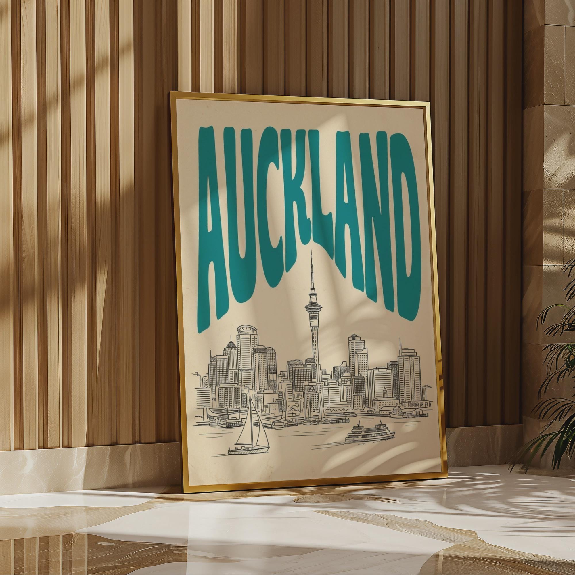 Auckland Skyline Wall Art, Vintage Travel Poster, New Zealand Harbor Print