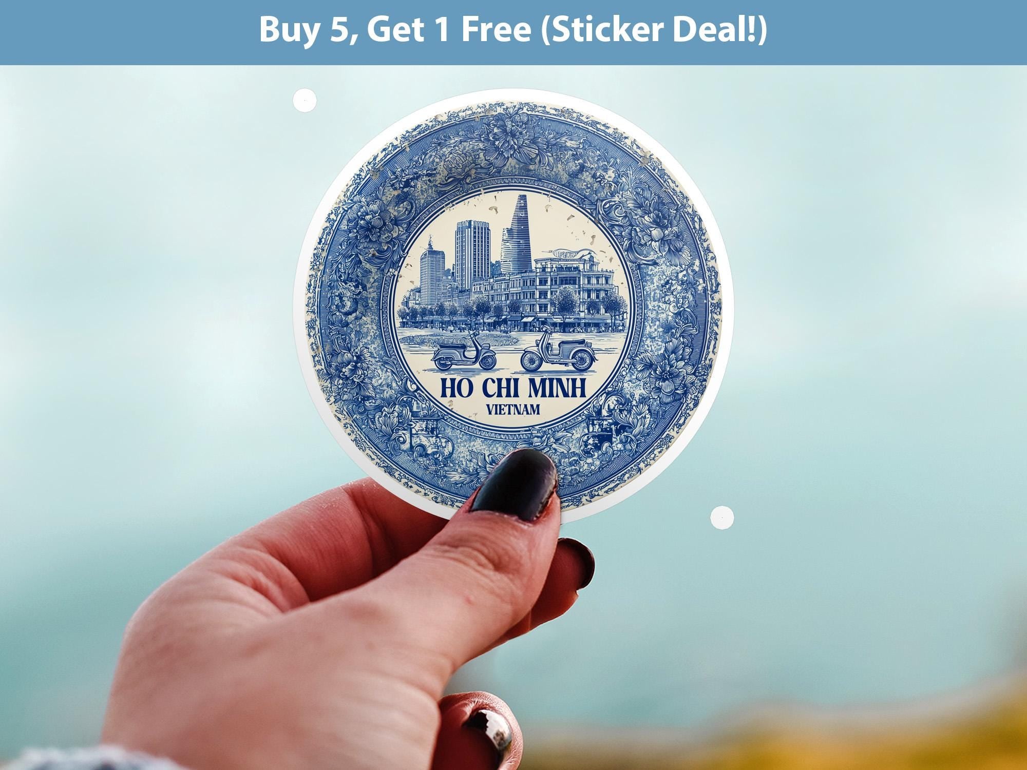 Ho Chi Minh City Vietnam Sticker Vintage Delft style, Delftware Decal Waterproof Vinyl, Blue City Travel