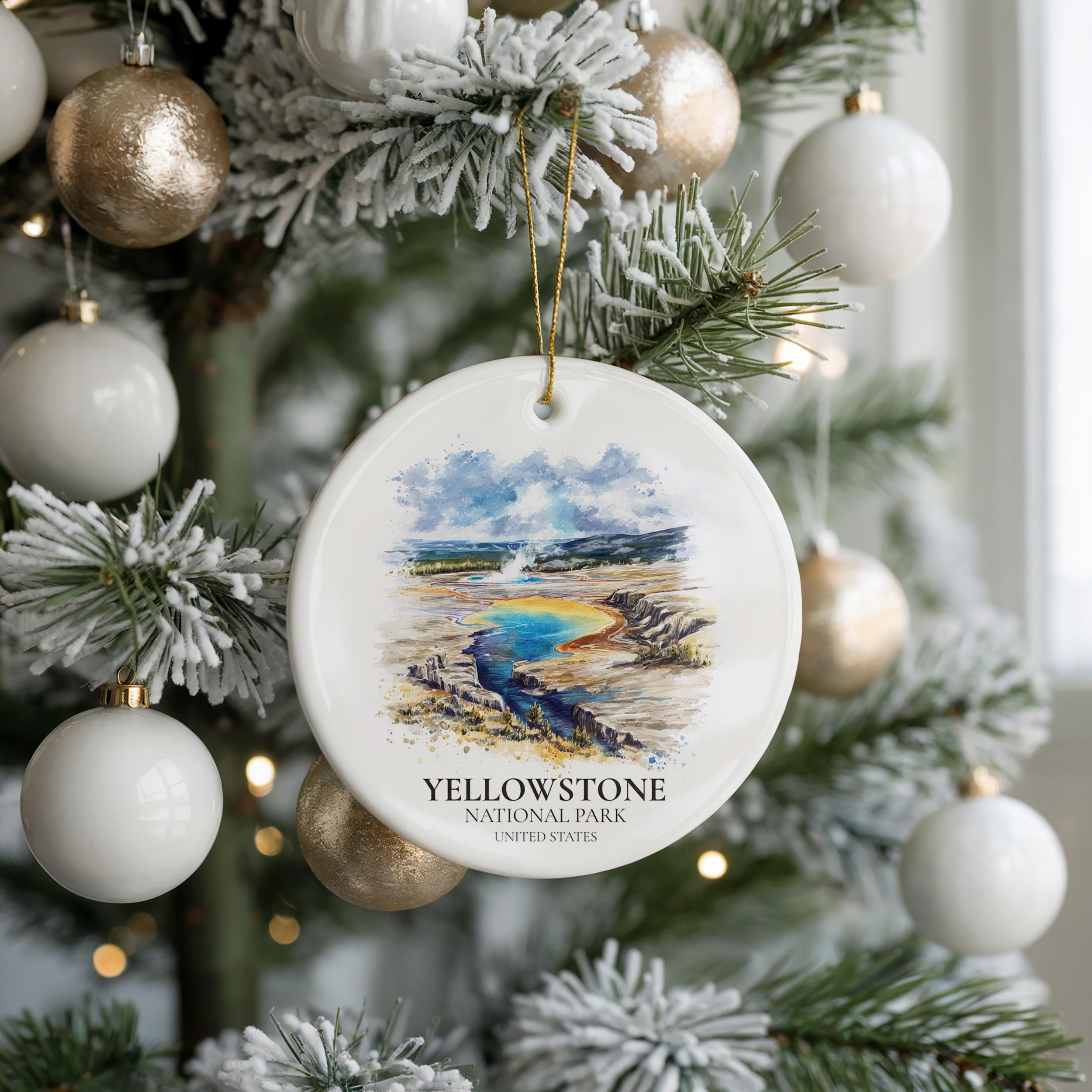 Yellowstone National Park United States Personalized Watercolor Ornament, Custom Ceramic Christmas gift, Travel Keepsake