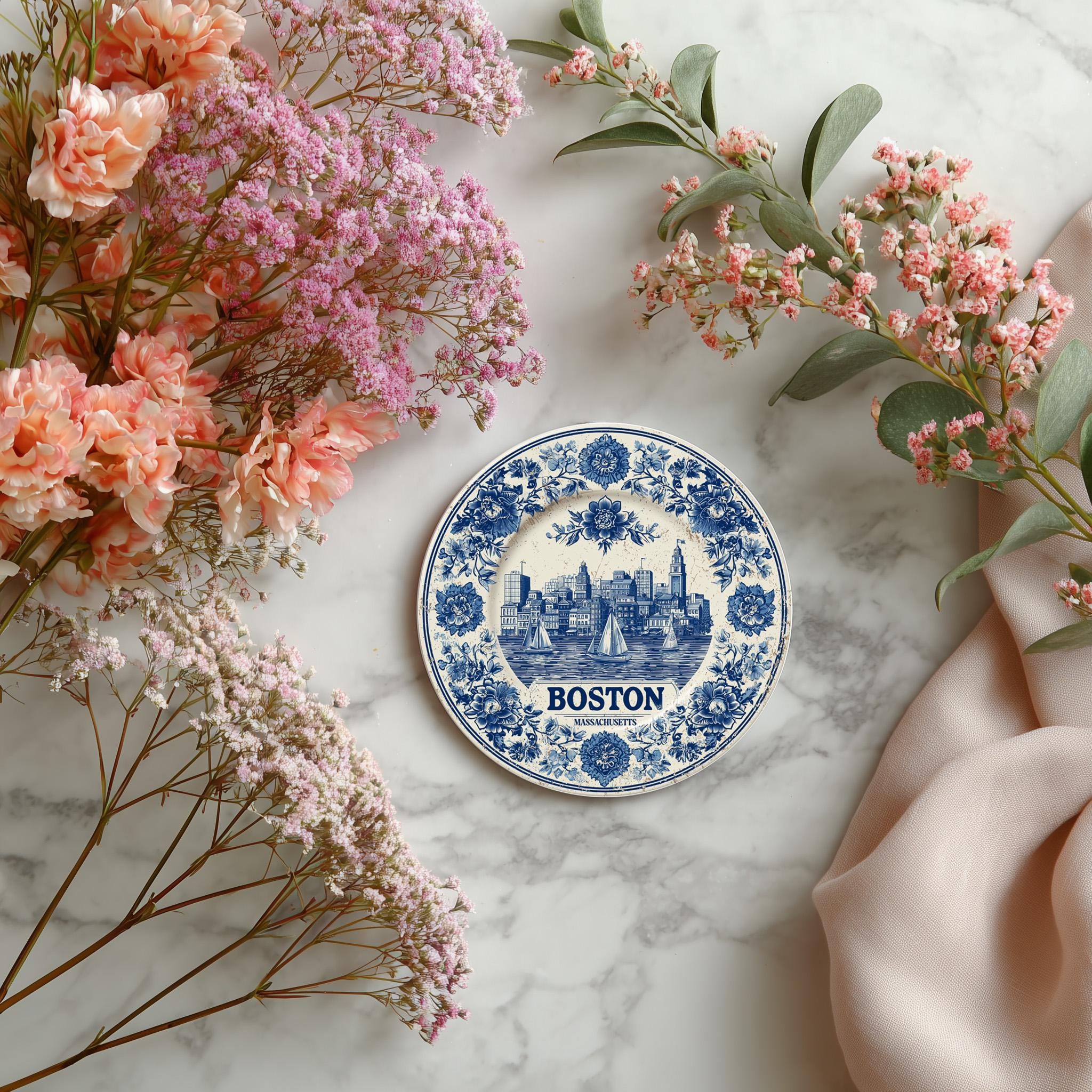 Boston Massachusetts Delftware Ceramic Coaster, Blue White Travel Gift, Vintage Home Decor Collectible