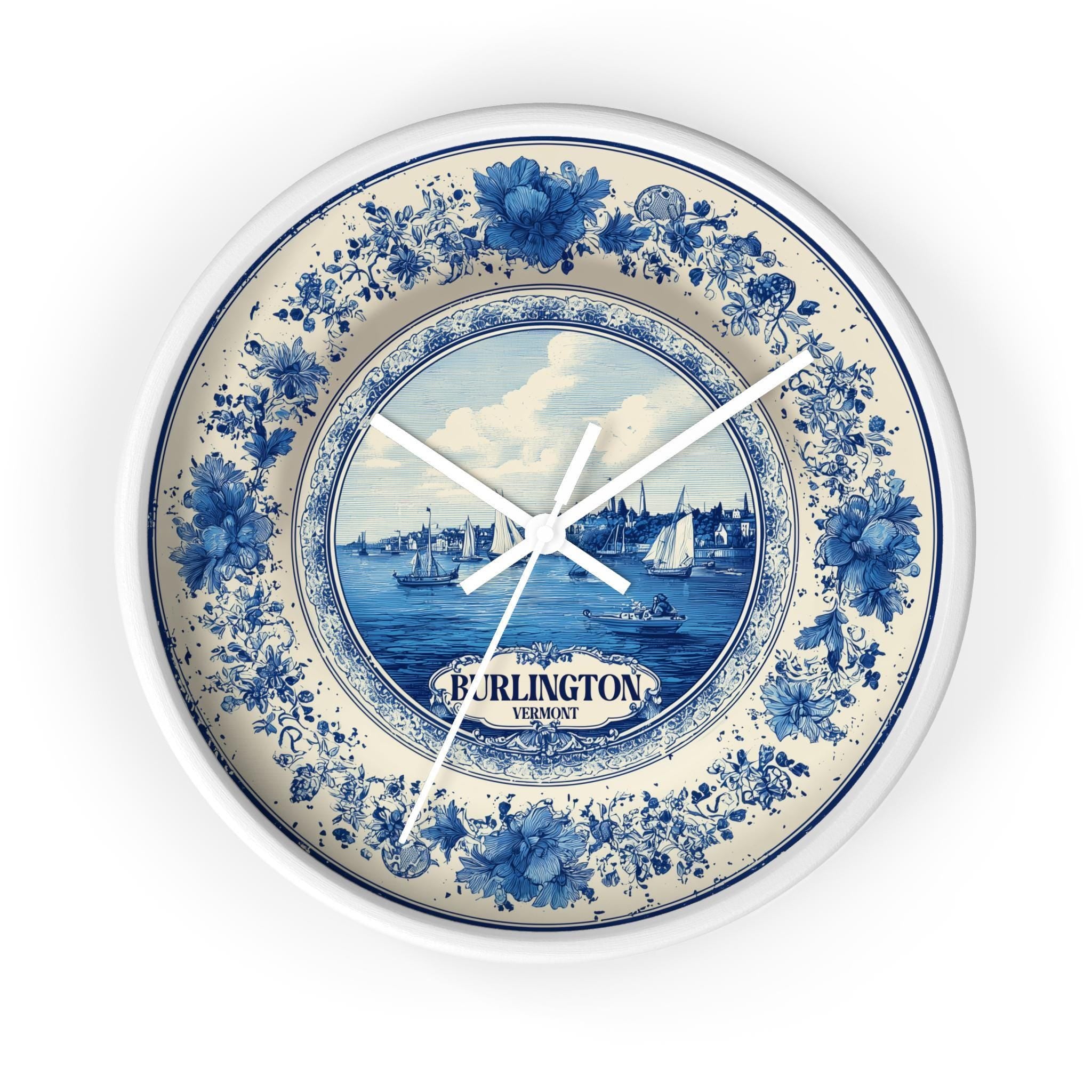Burlington Vermont Wall Clock, Delf style Home Decor, Vintage City Travel Keepsake Art
