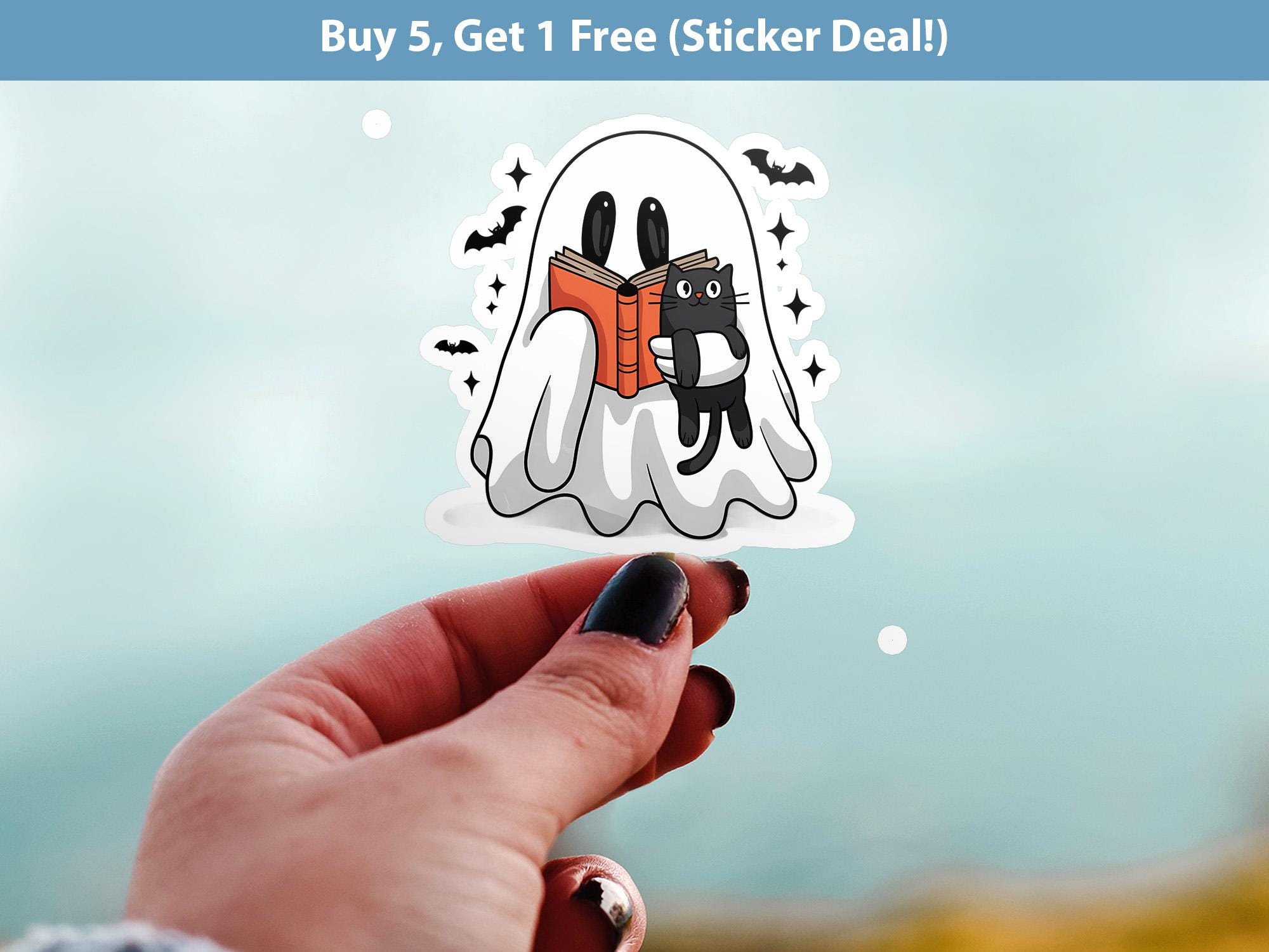 Reading ghost Sticker, Spooky Halloween Waterproof Decal for tumbler, kindle
