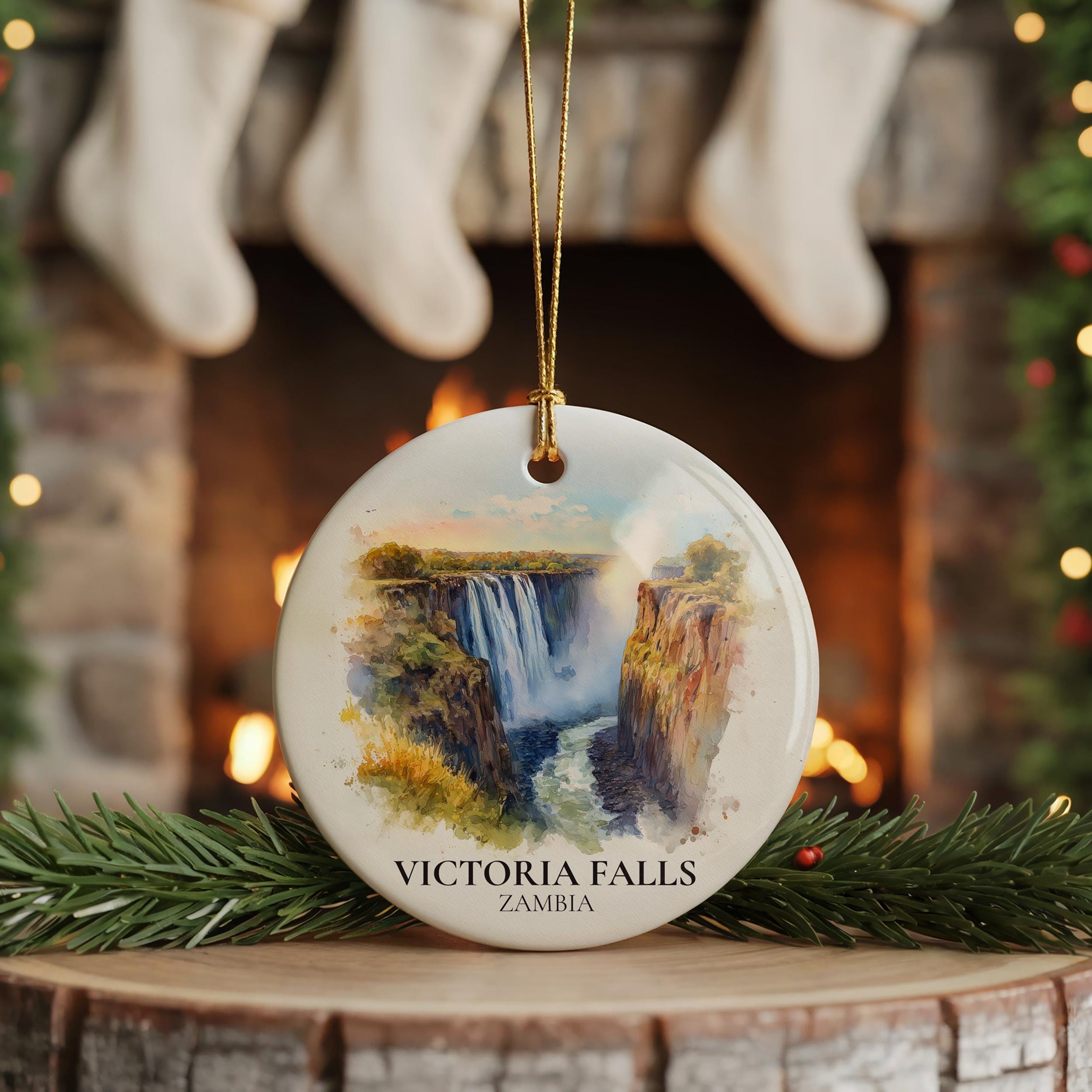 Victoria Falls Zambia Personalized Watercolor Ornament, Custom Ceramic Christmas gift, Travel Keepsake