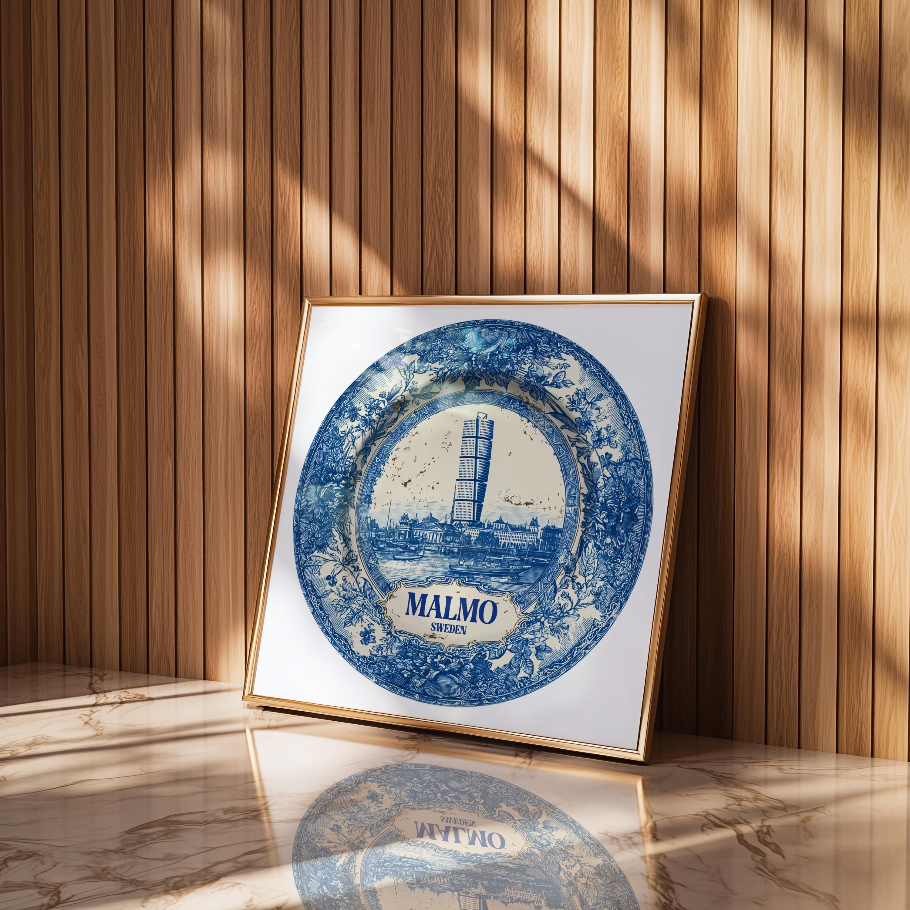 Malmo Sweden Wall Art, Vintage Delft Blue Poster, City Print, Travel Home Decor