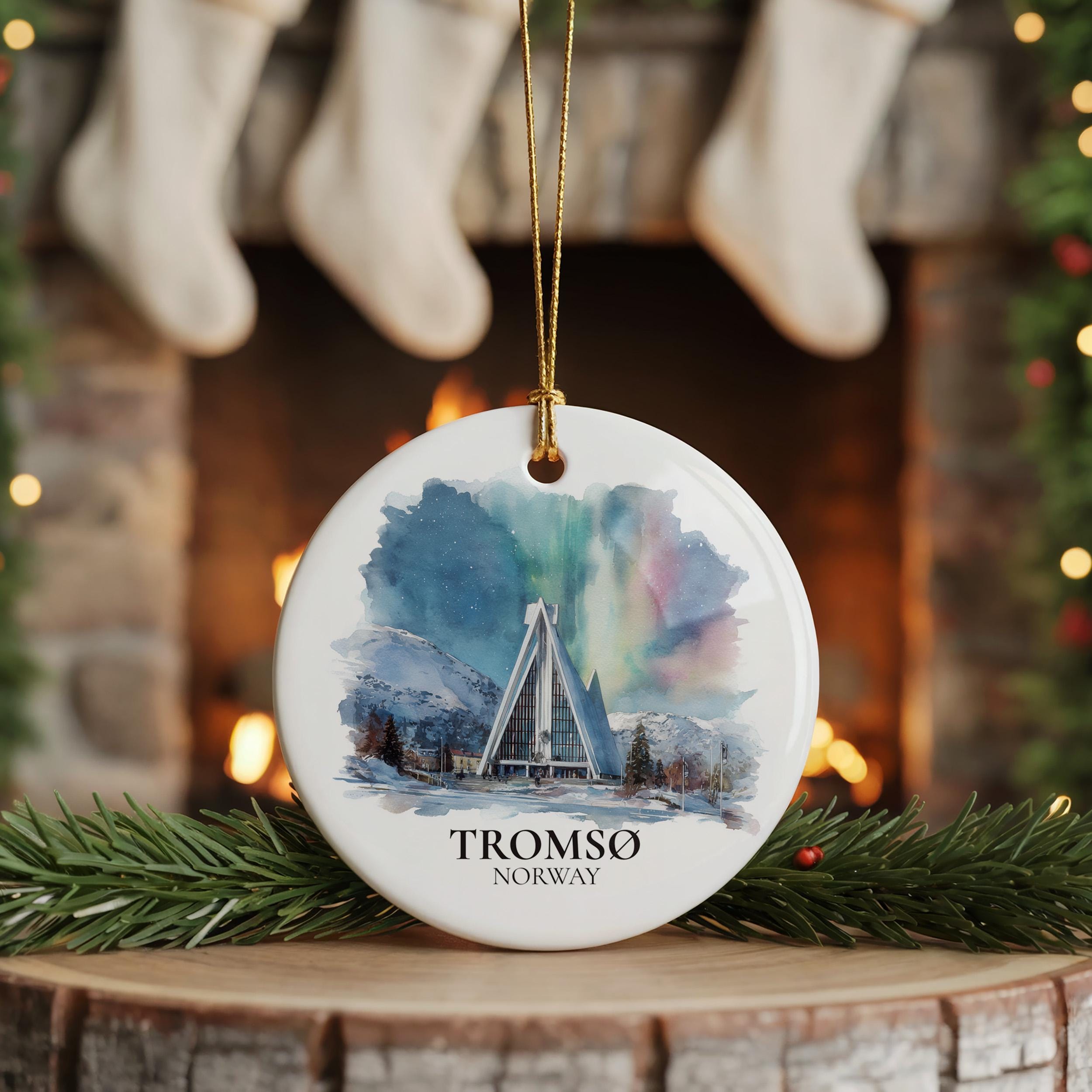 Tromso Norway Custom Watercolor Ornament, Personalized Ceramic Christmas gift, Travel Keepsake