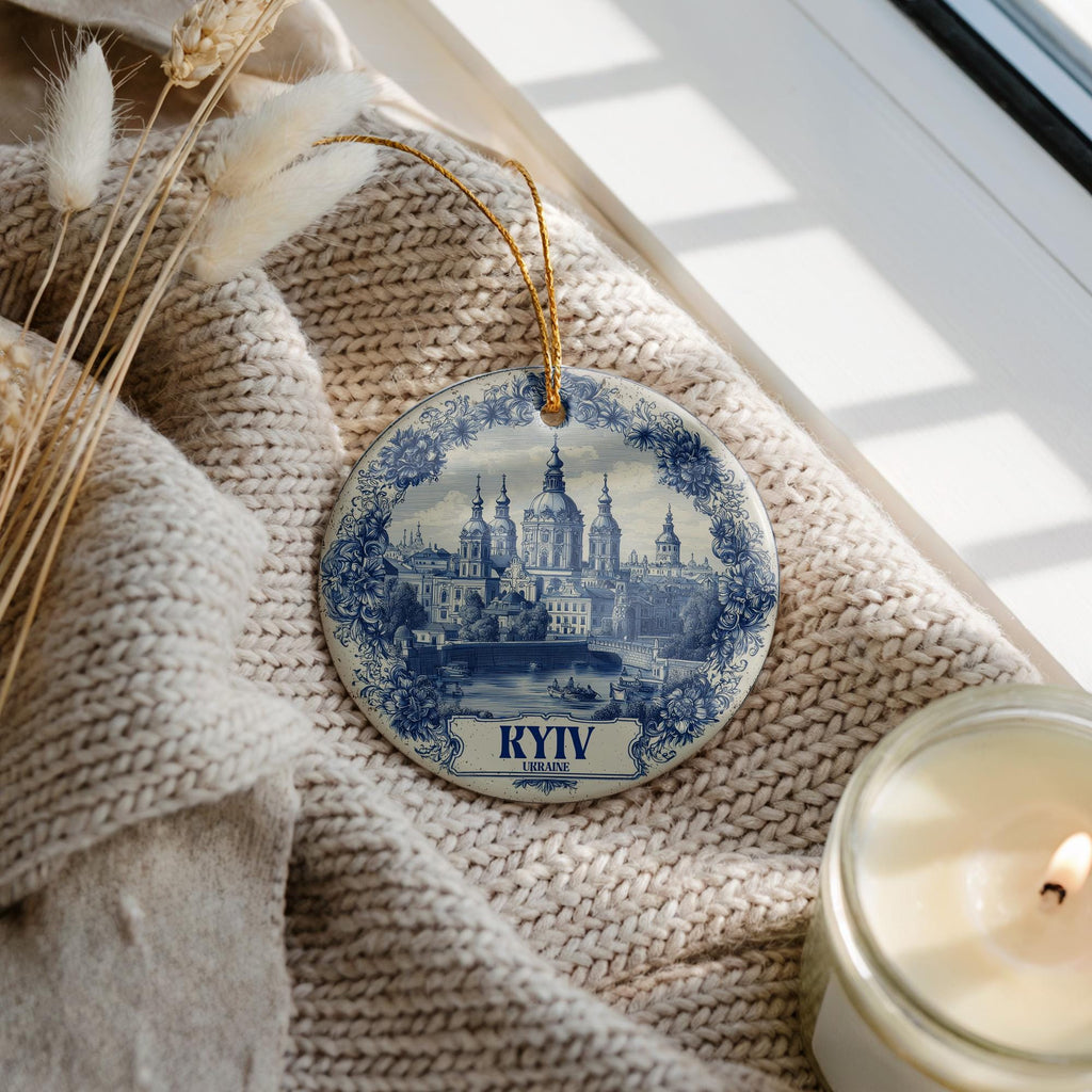 Custom Kyiv Ukraine Ceramic Delft Ornament, Christmas Delftware Blue Delftware city travel