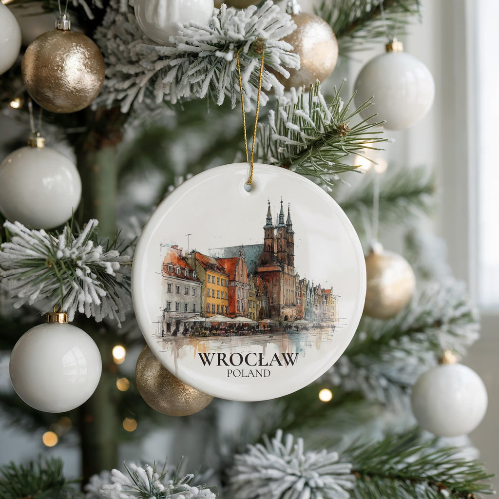 Wroclaw Poland Personalized Watercolor Ornament, Custom Ceramic Christmas gift, Travel Keepsake