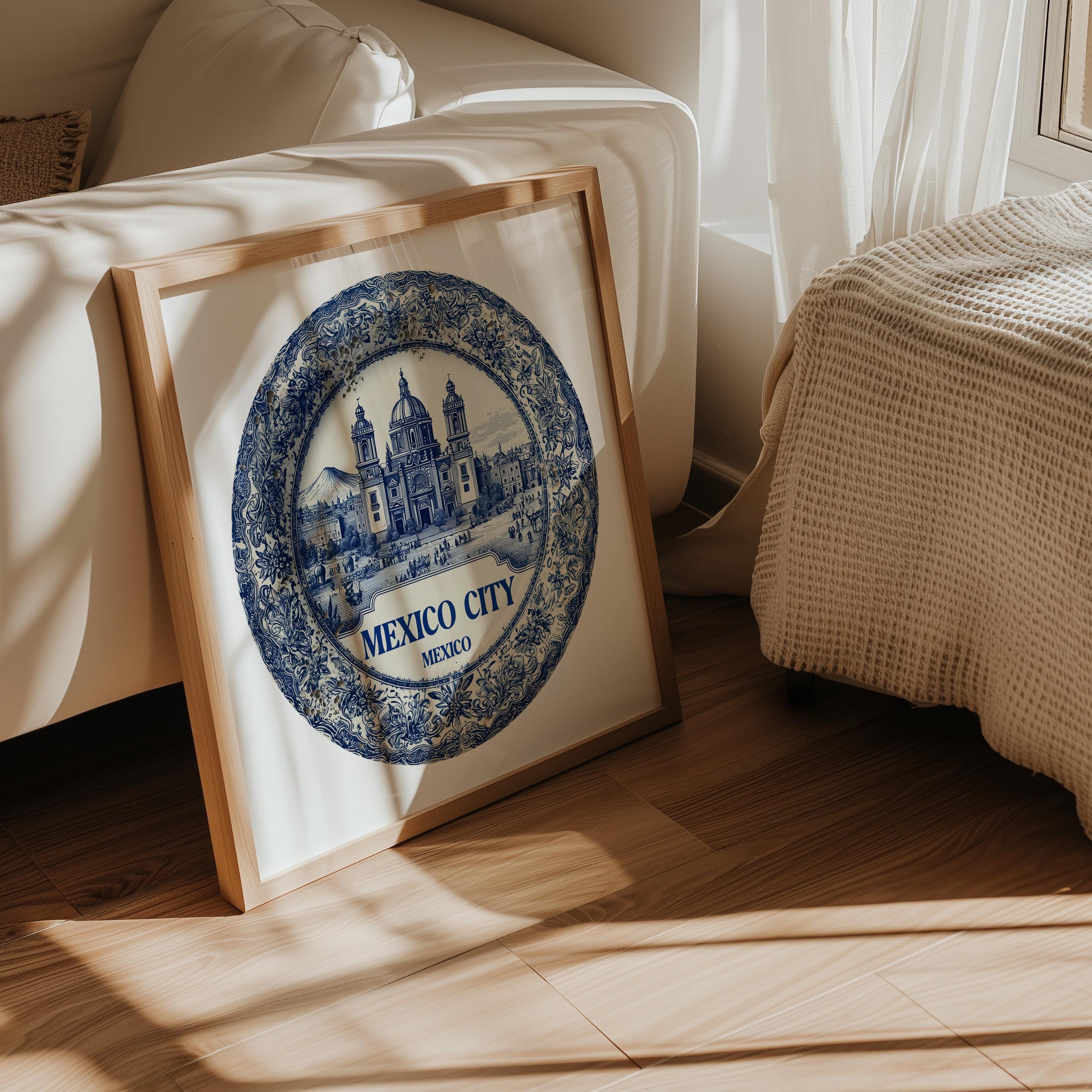 Mexico City Mexico Wall Art, Vintage Delft Blue Poster, City Print, Travel Home Decor