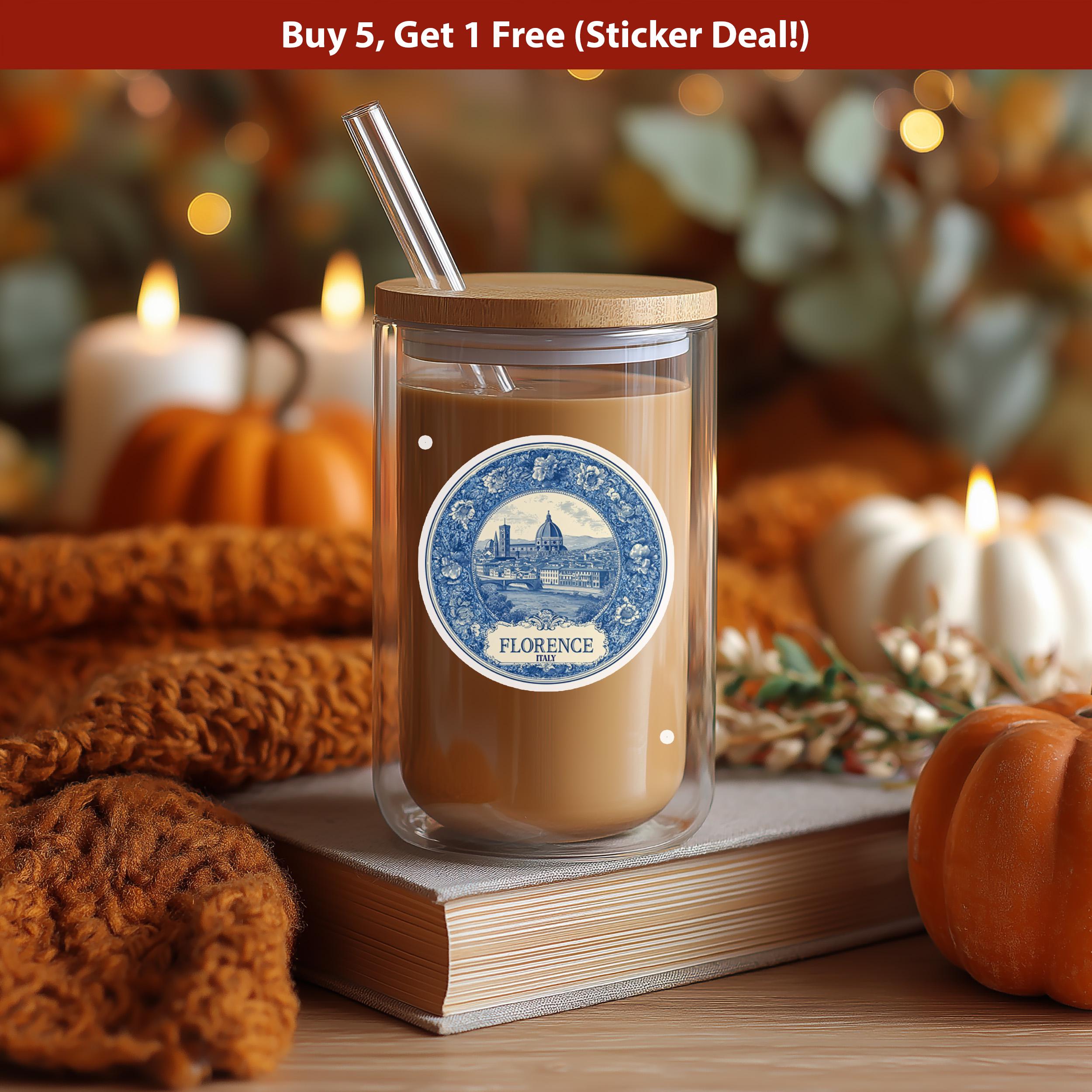 Florence Italy Sticker Vintage Delft style, Delftware Decal Waterproof Vinyl, Blue City Travel