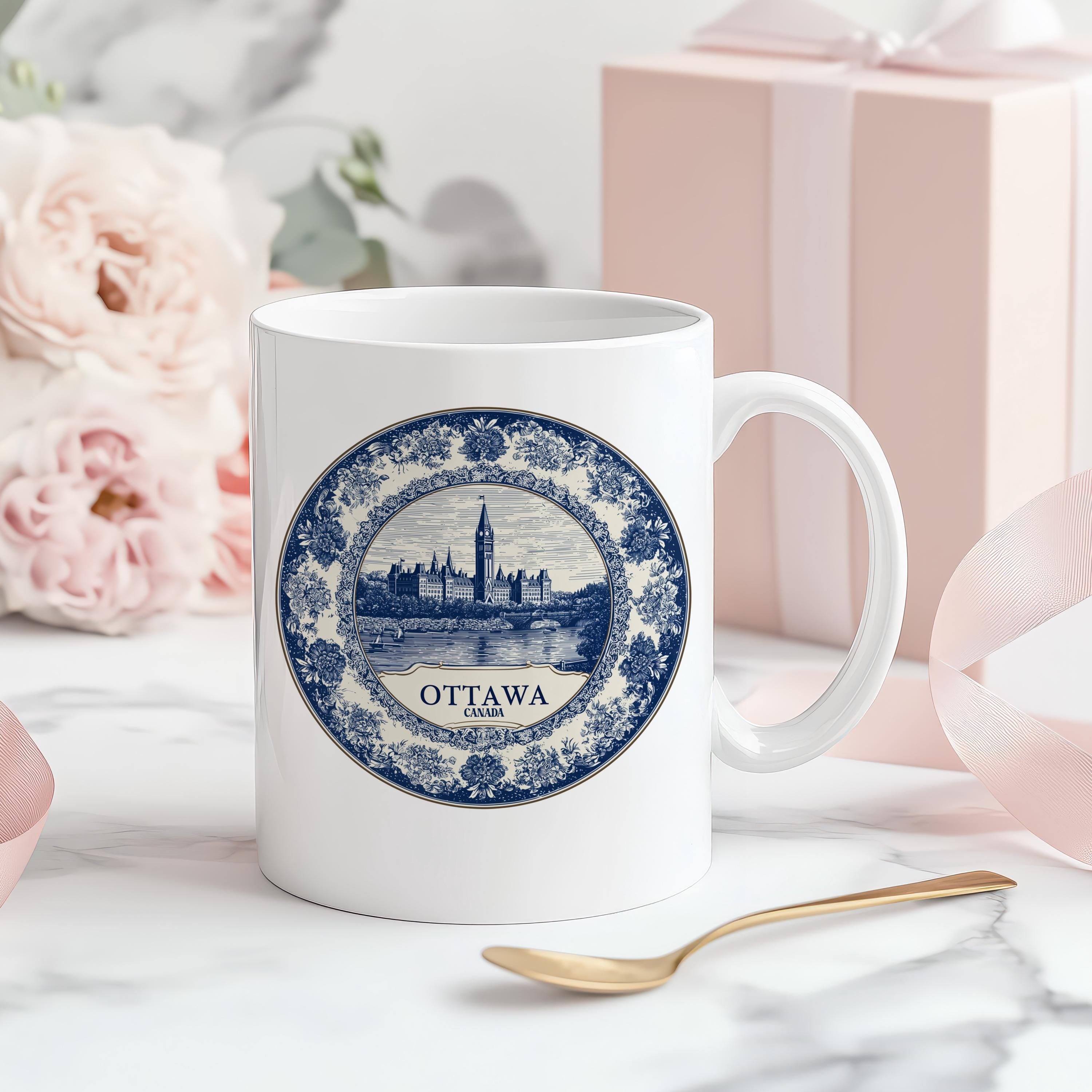 Ottawa Canada Mug, Custom Delft Style cup, Personalized Vintage Travel City Gift