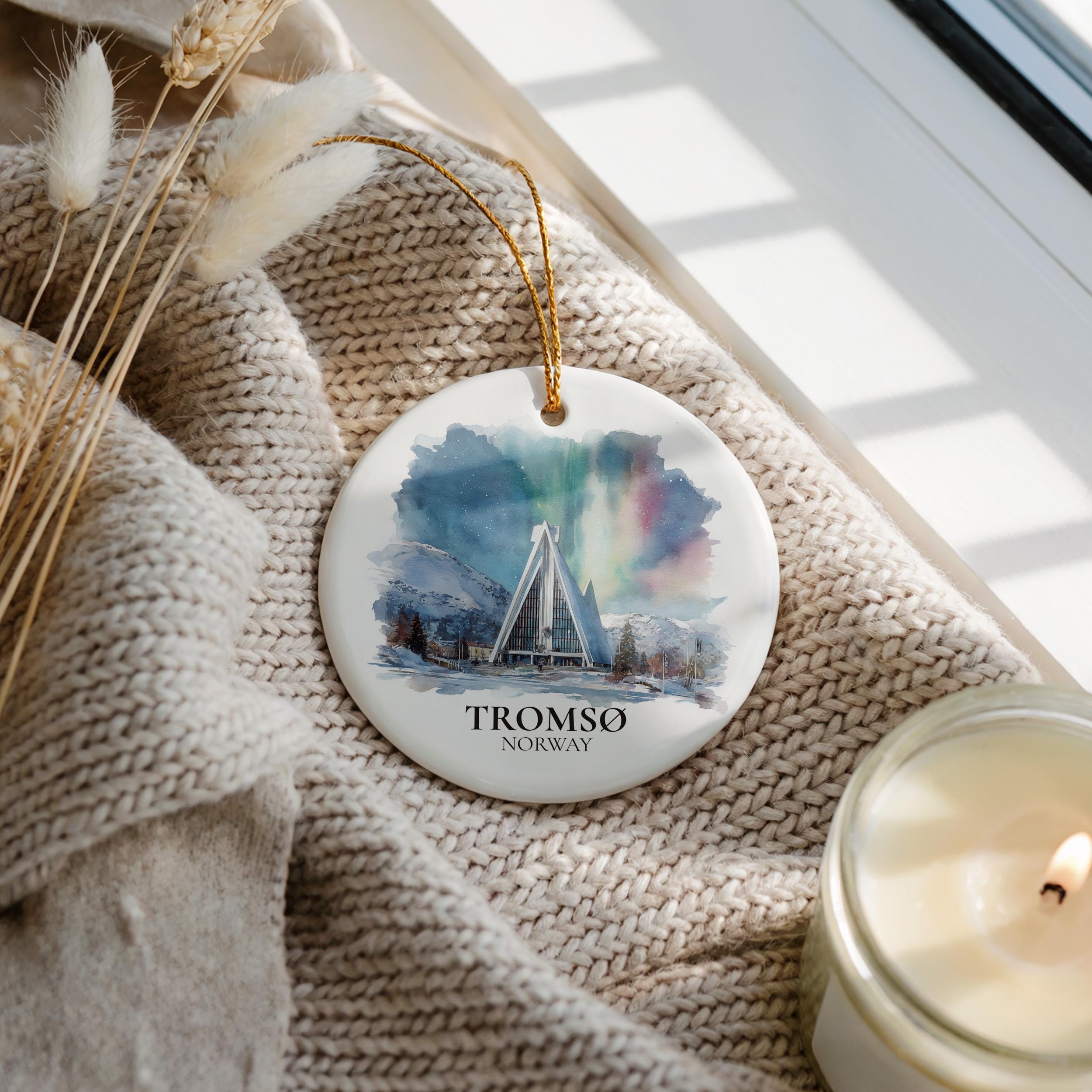 Tromso Norway Custom Watercolor Ornament, Personalized Ceramic Christmas gift, Travel Keepsake