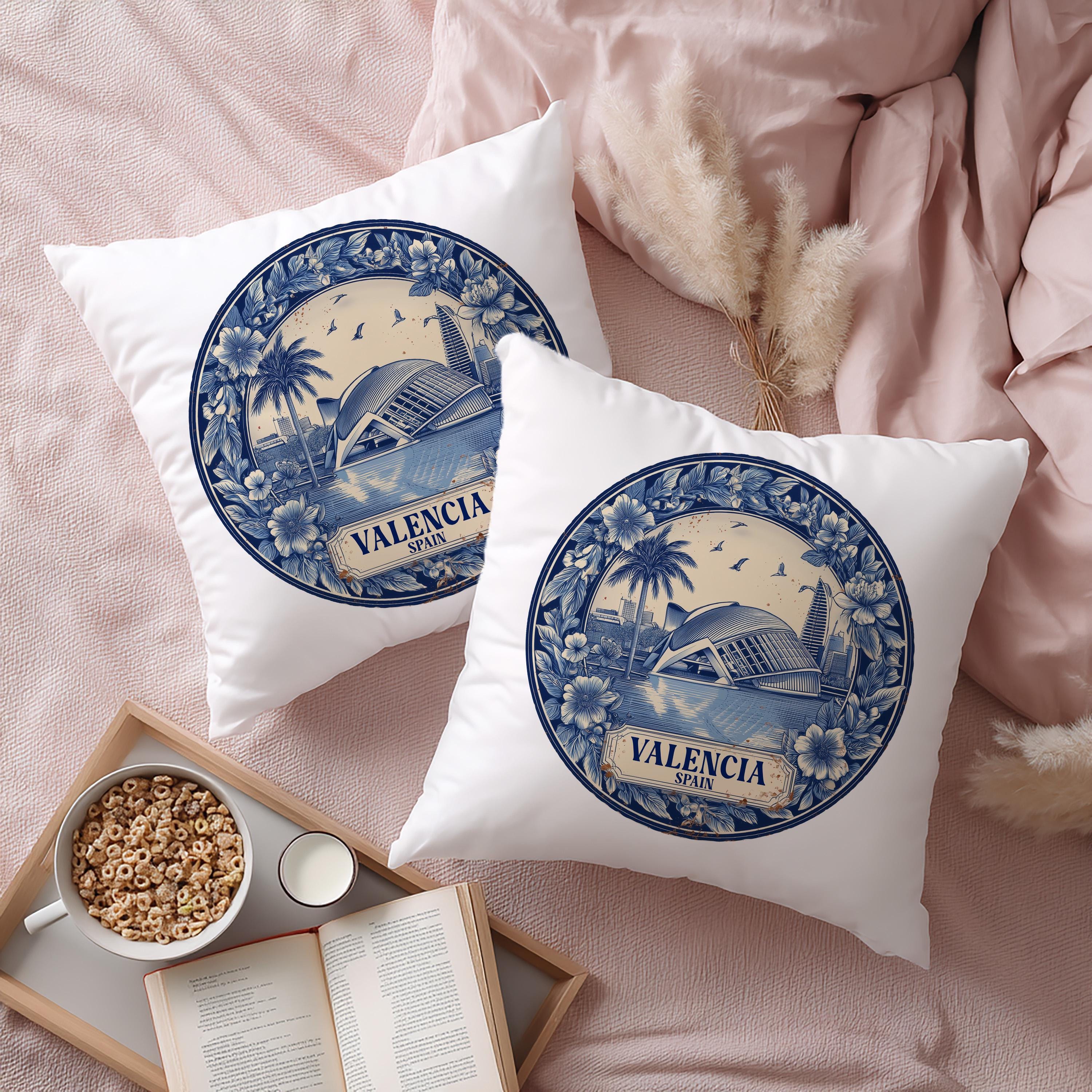 Valencia Spain Pillowcase, Delft Style Decorative Throw Pillow, Vintage Cityscape Retro Home Decor