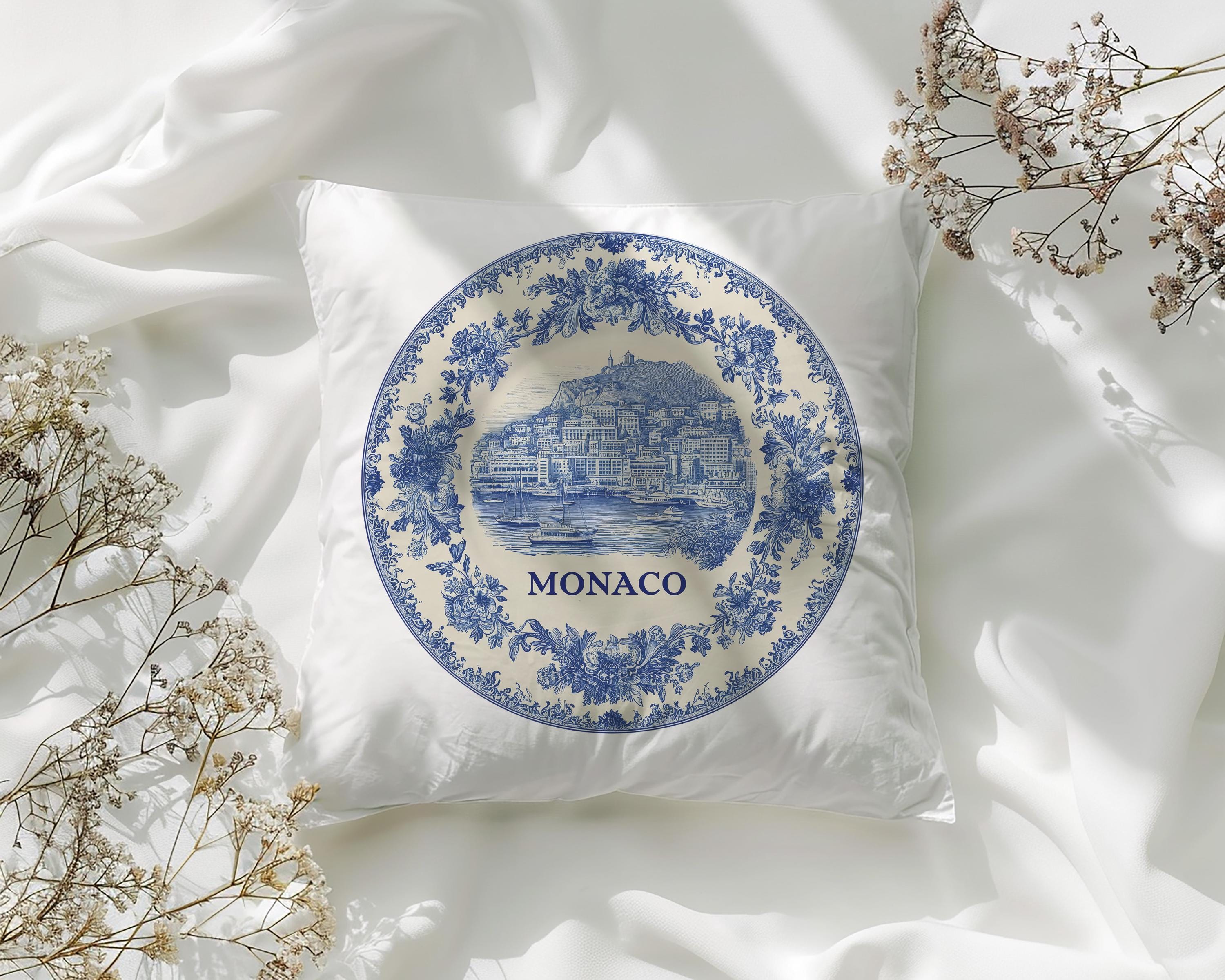 Monaco Pillowcase, Delft Style Decorative Throw Pillow, Vintage Cityscape Retro Home Decor