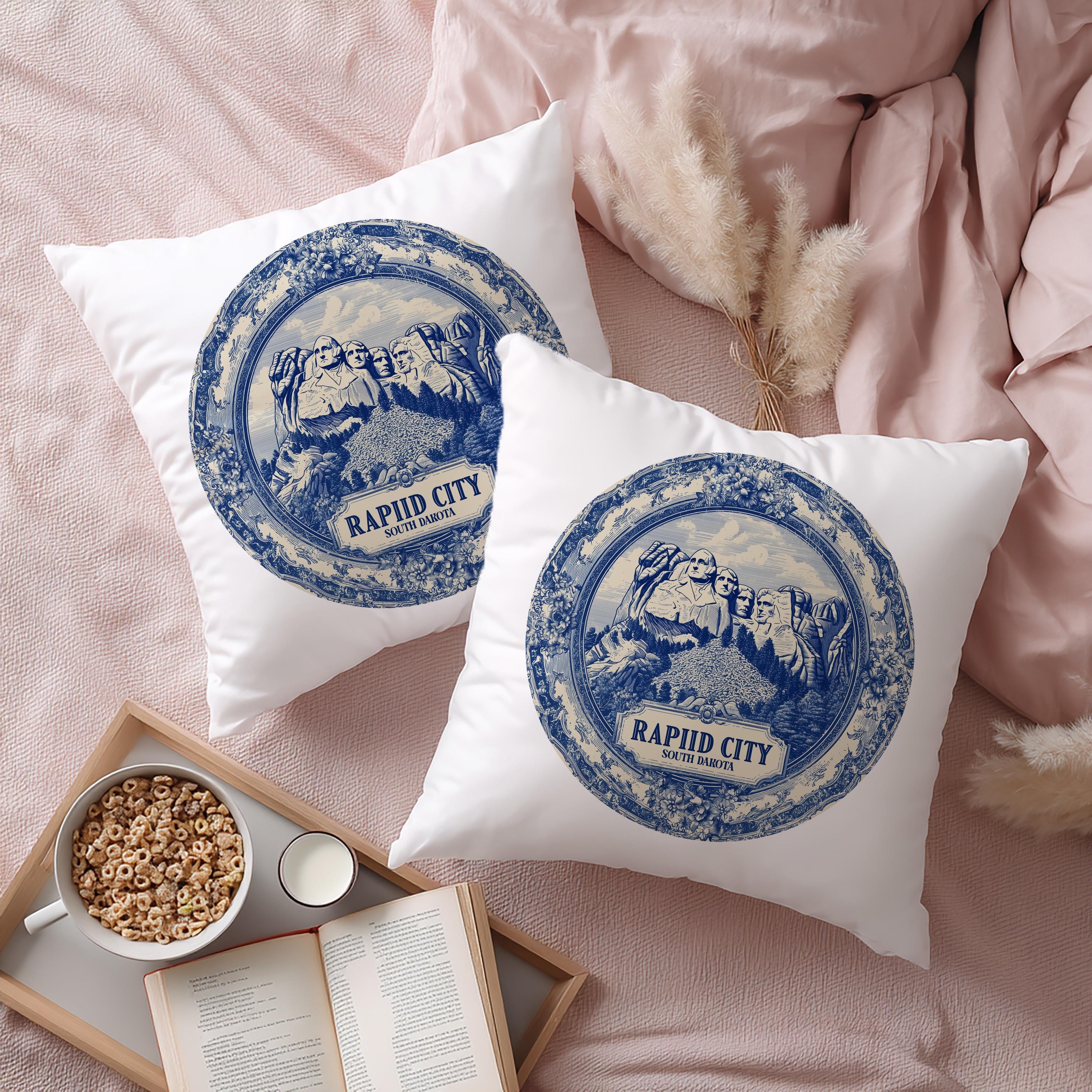 Rapid City South Dakota Pillowcase, Delft Style Decorative Throw Pillow, Vintage Cityscape Retro Home Decor