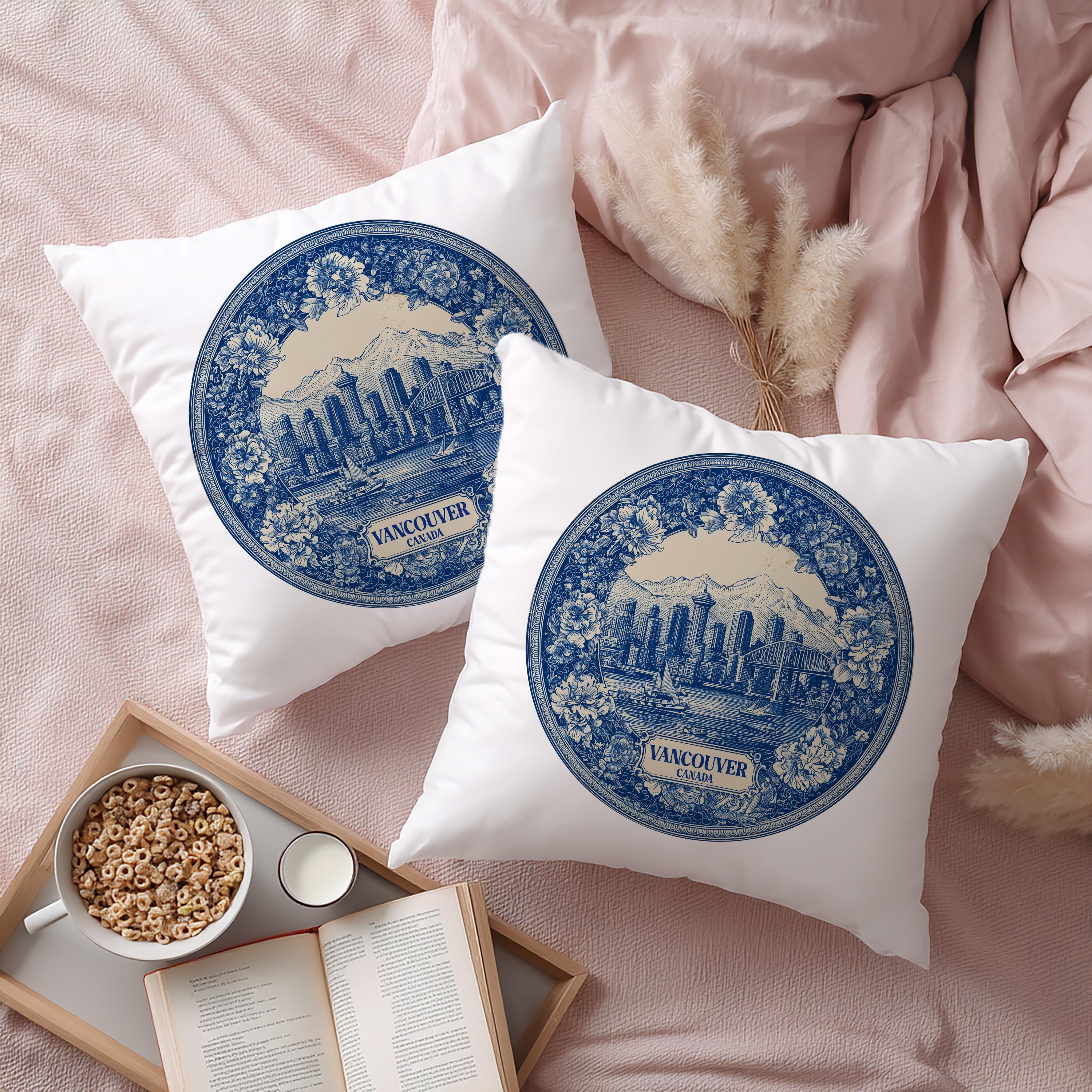 Vancouver Canada Pillowcase, Delft Style Decorative Throw Pillow, Vintage Cityscape Retro Home Decor