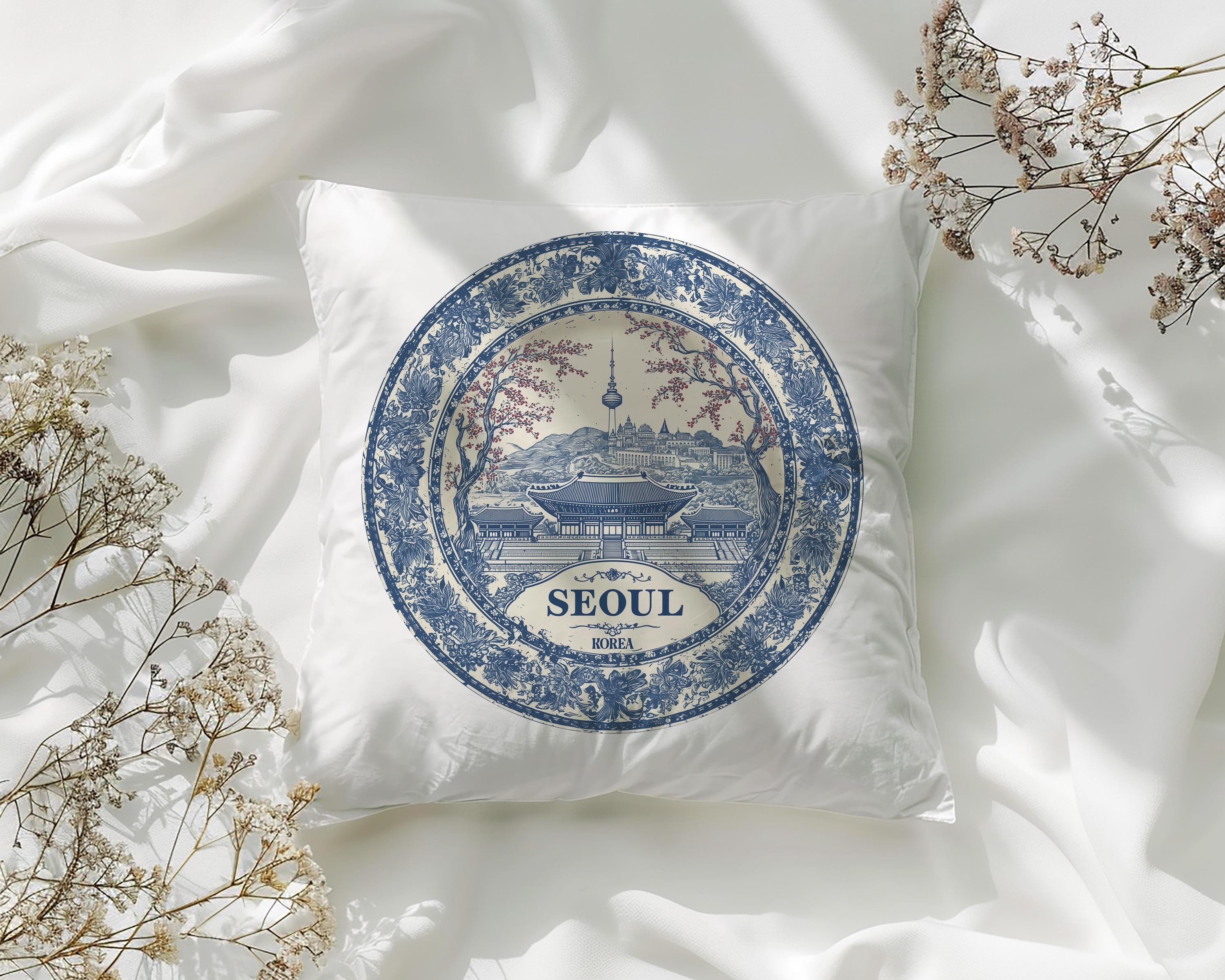 Seoul South Korea Pillowcase, Delft Style Decorative Throw Pillow, Vintage Cityscape Retro Home Decor