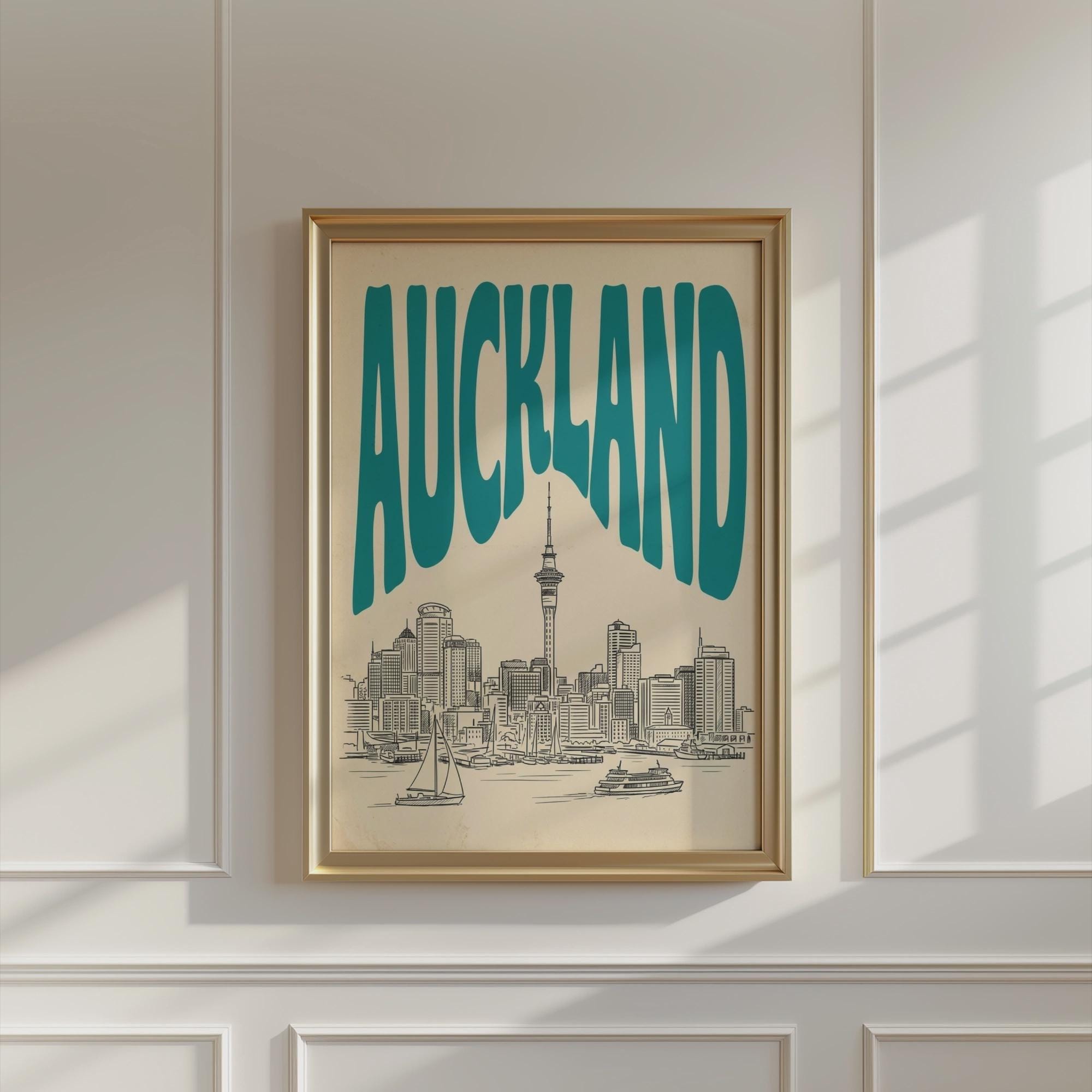 Auckland Skyline Wall Art, Vintage Travel Poster, New Zealand Harbor Print