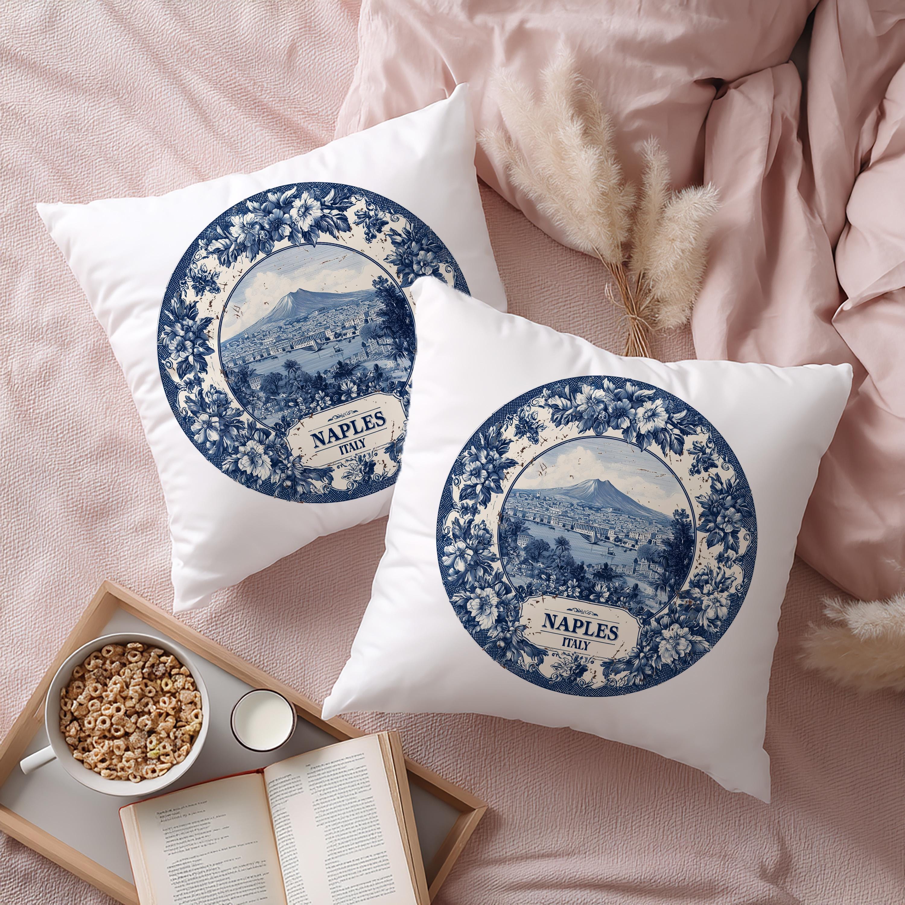 Naples Italy Pillowcase, Delft Style Decorative Throw Pillow, Vintage Cityscape Retro Home Decor