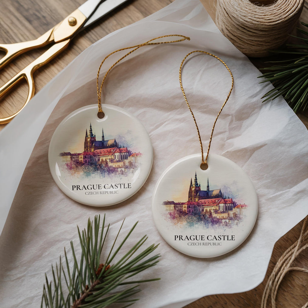 Prague Castle Czech Republic Personalized Watercolor Ornament, Custom Ceramic Christmas gift, Travel Keepsake