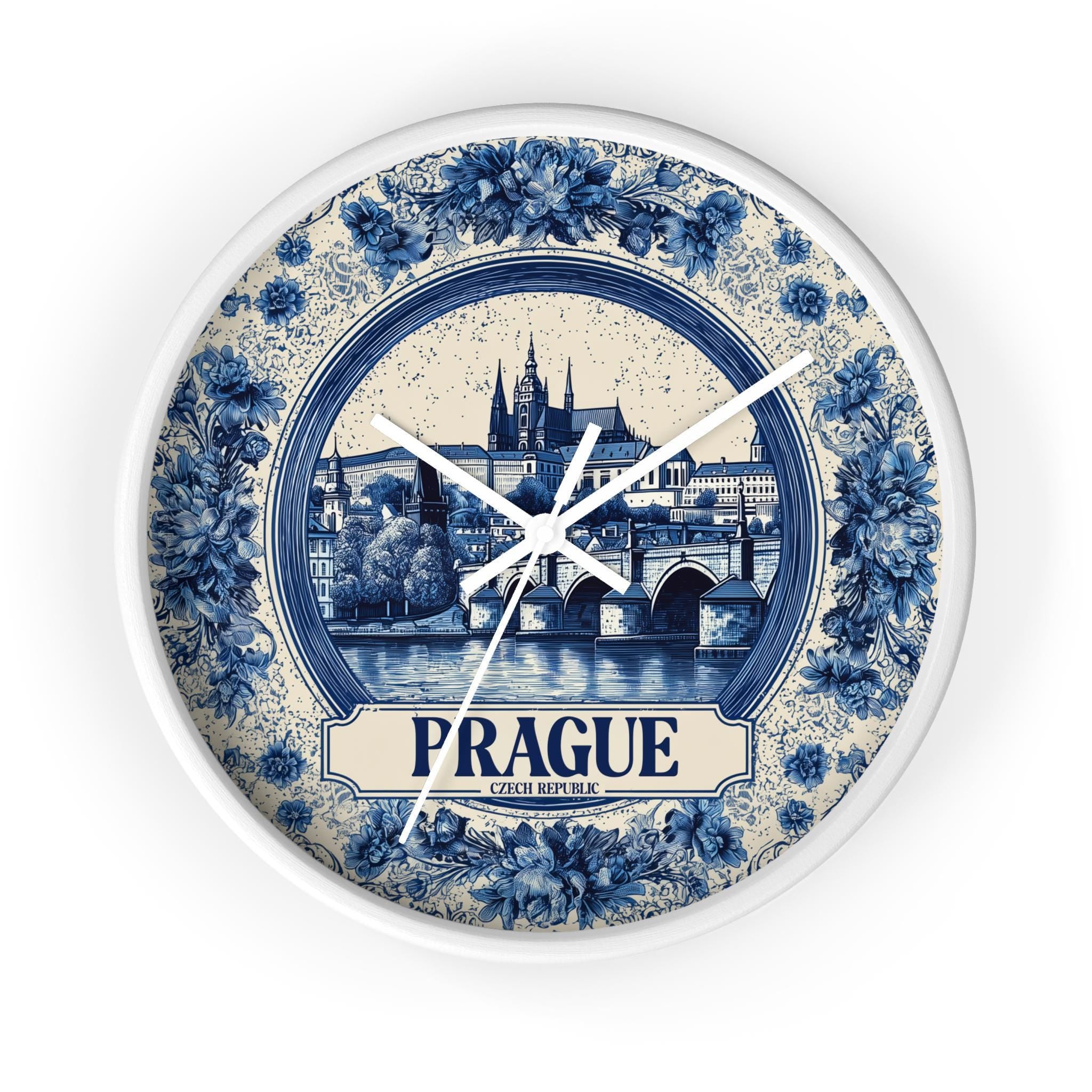 Prague Czech Republic Wall Clock, Delf style Home Decor, Vintage City Travel Keepsake Art