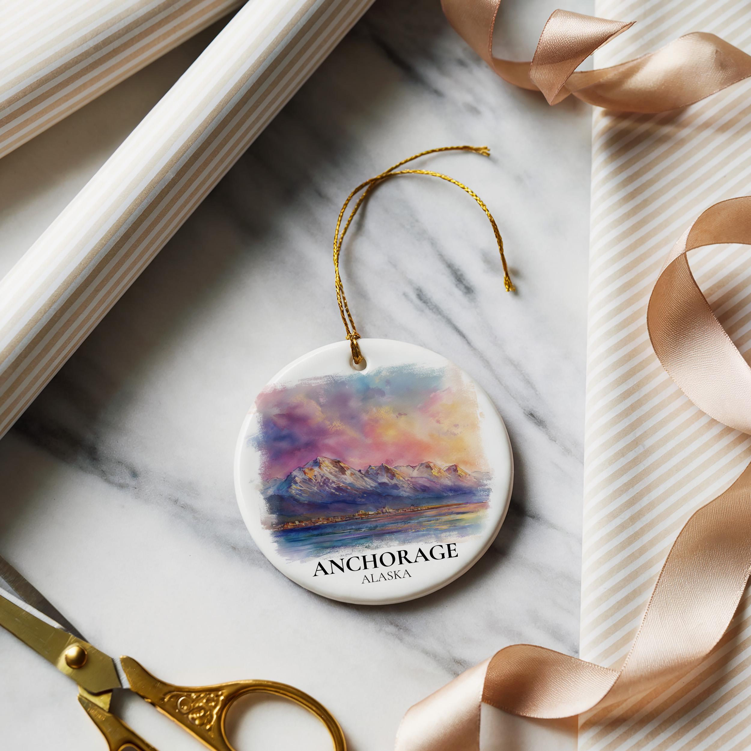 Anchorage Alaska Personalized Watercolor Ornament, Custom Ceramic Christmas gift, Travel Keepsake