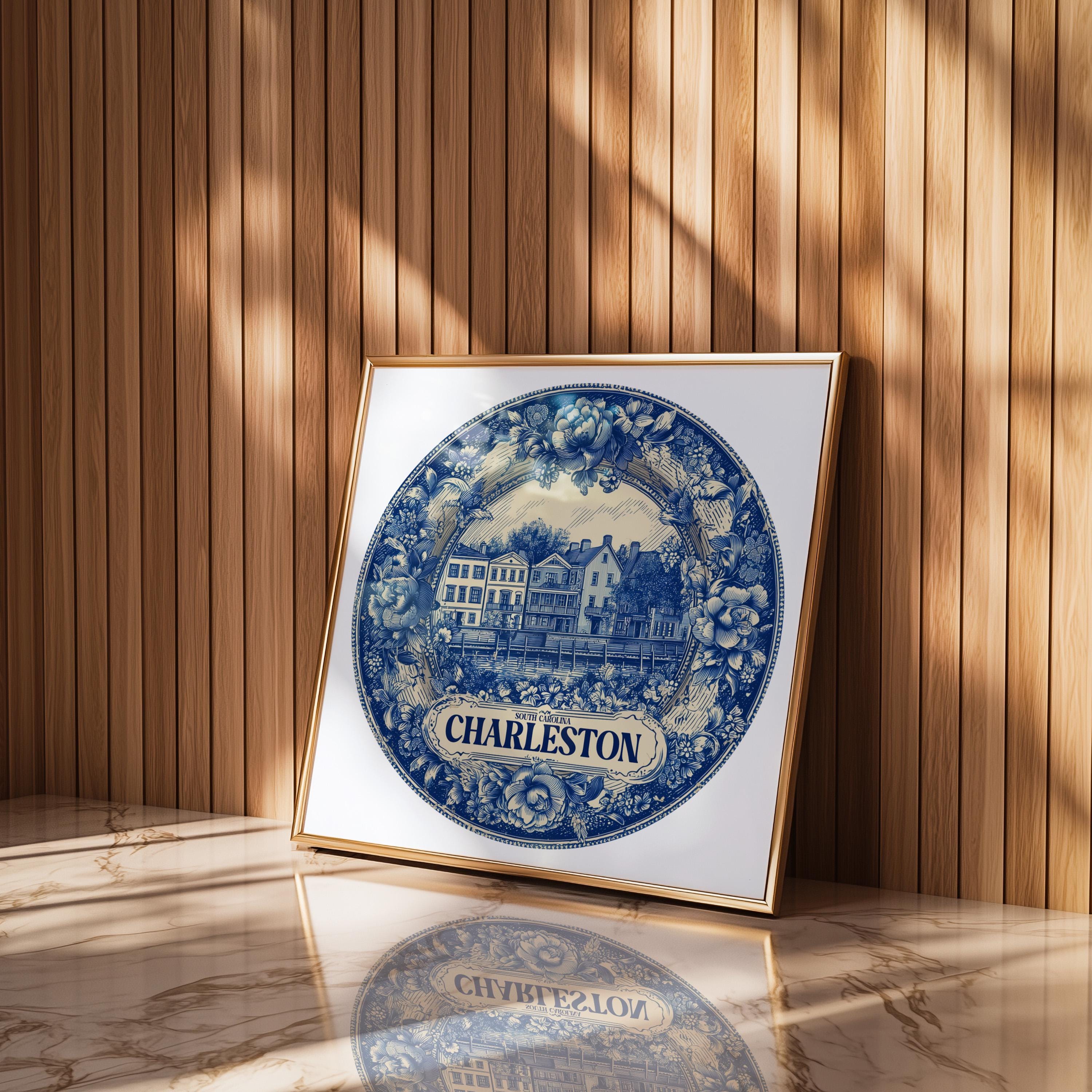 Charleston South Carolina Wall Art, Vintage Delft Blue Poster, City Print, Travel Home Decor