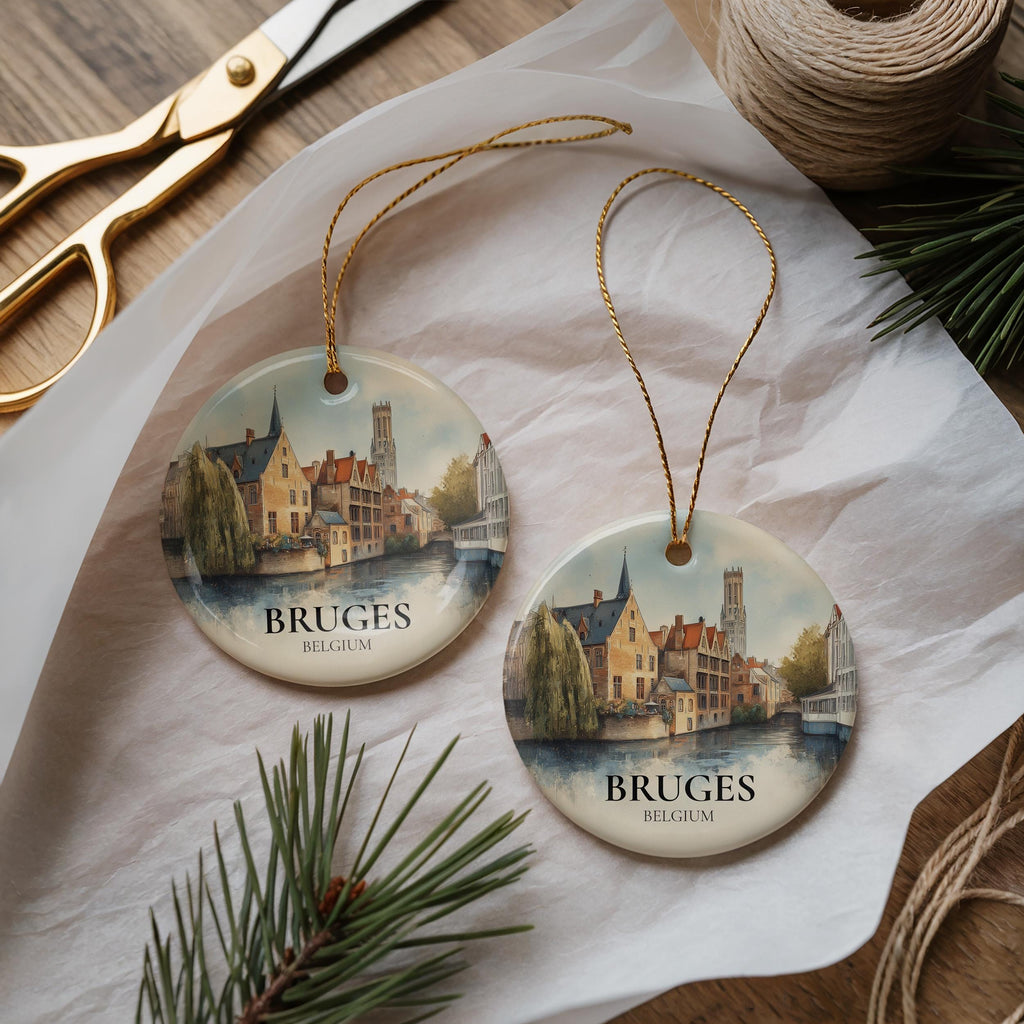 Bruges Belgium Personalized Watercolor Ornament, Custom Ceramic Christmas gift, Travel Keepsake
