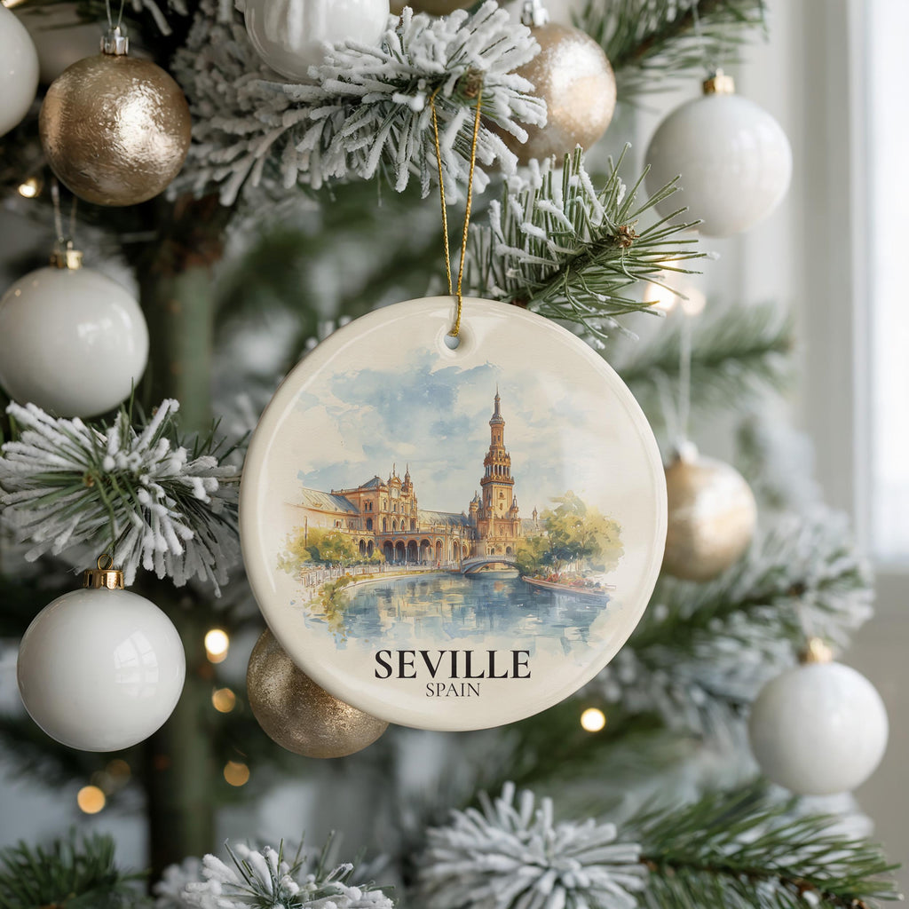 Seville Personalized Watercolor Ornament, SpainCustom Ceramic Christmas gift, Travel Keepsake
