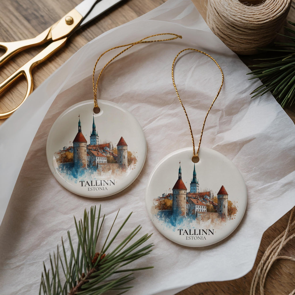 Tallinn Estonia Personalized Watercolor Ornament, Custom Ceramic Christmas gift, Travel Keepsake