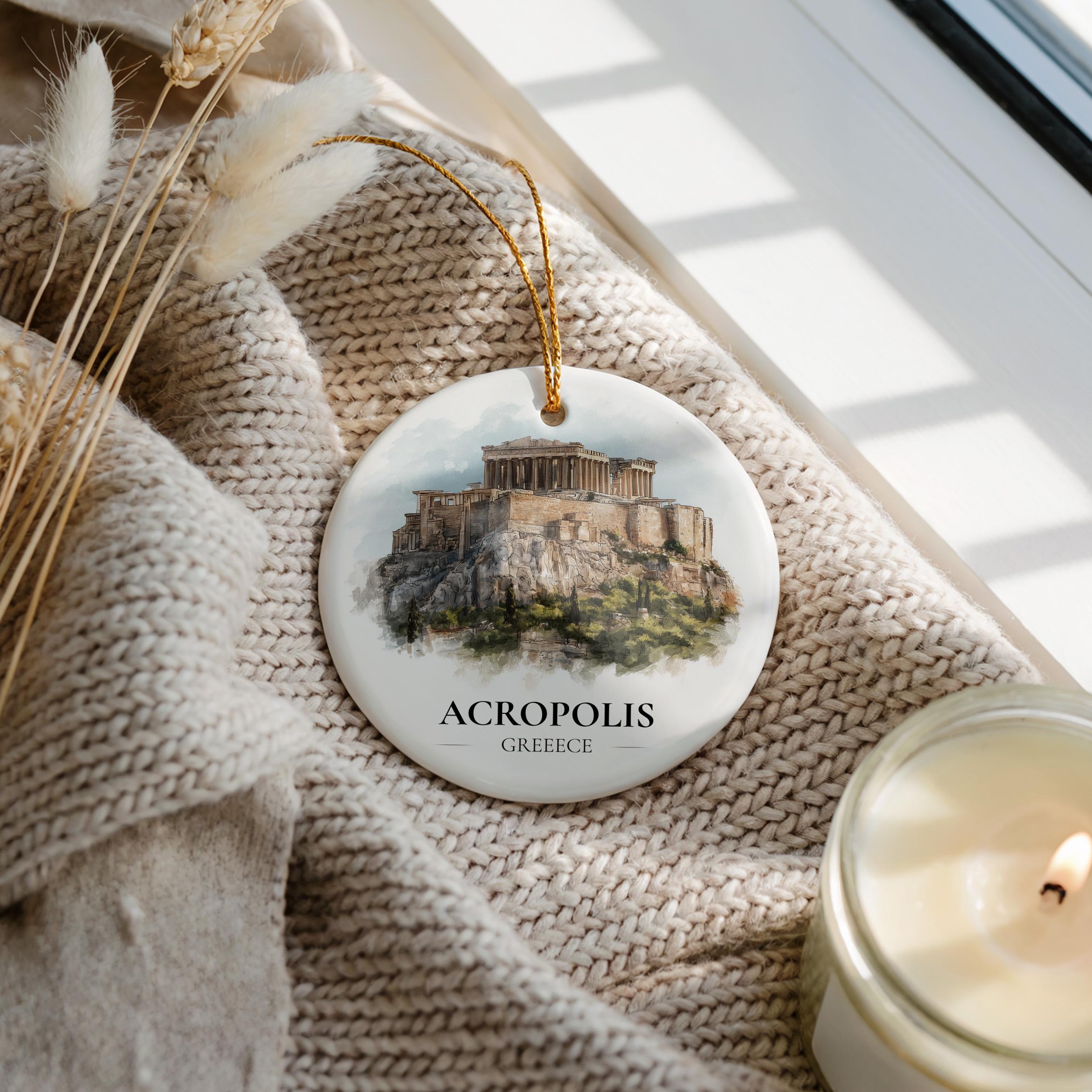 Acropolis Greece Personalized Watercolor Ornament, Custom Ceramic Christmas gift, Travel Keepsake