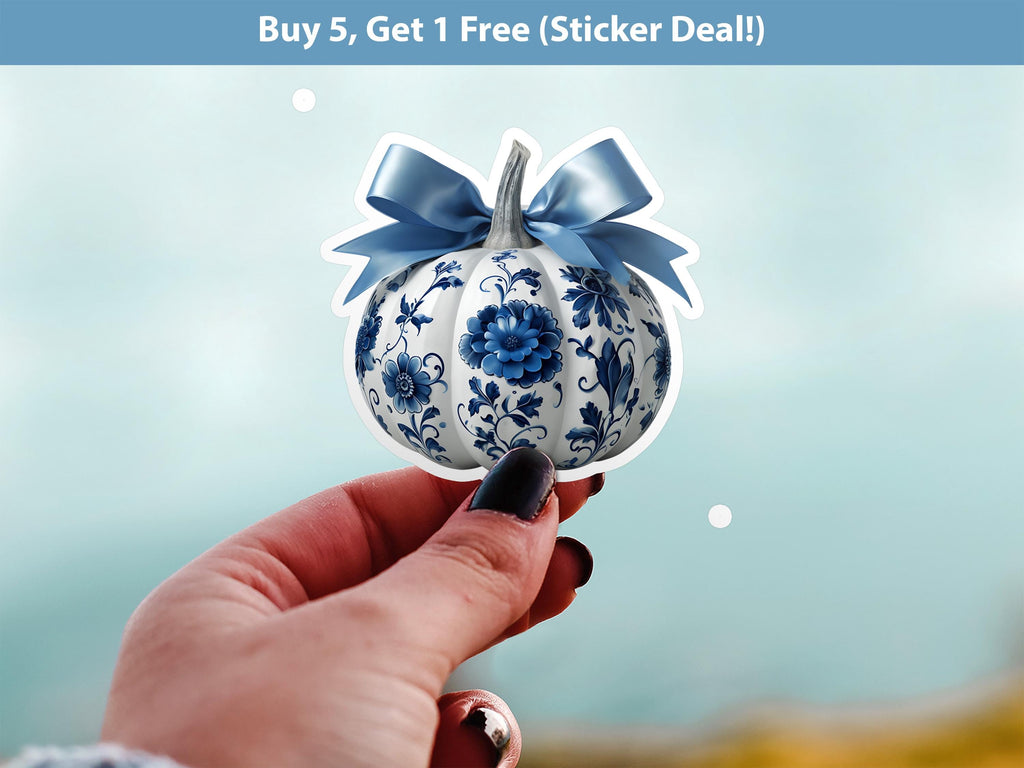 Delftware Pumpkin Sticker: Blue & White Vintage Halloween Decal